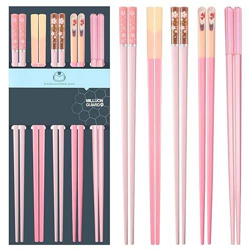 Slivek Pink Chopsticks Reusable Dishwasher Safe, 9.57 inches Premium Non-slip Lightweight Fiberglass Chop Sticks, Japanese Chinese Chopstick Gift Set for Party, 5 Pairs - Morandi-Pink