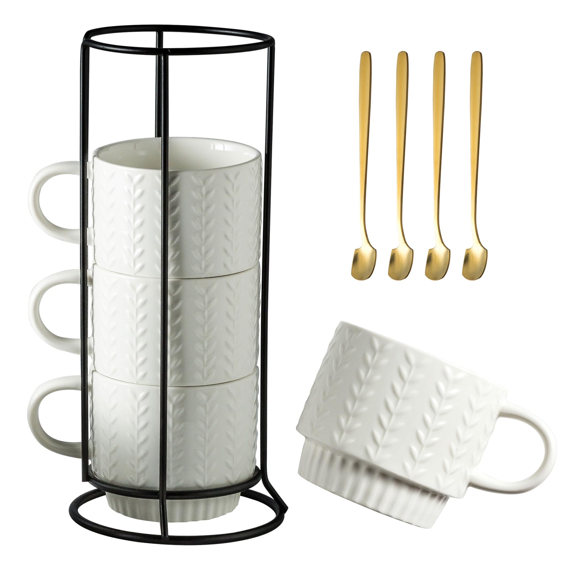 Miamolo Tazas de café apilables, juego de 4 tazas de café con cucharas y soporte, tazas de espresso de 13 onzas para bebidas, té con leche, capuchino, taza de café para regalo de cumpleaños de