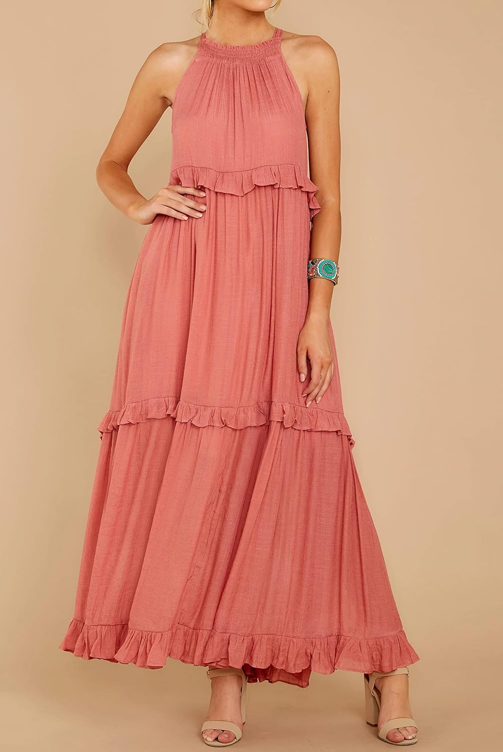 R.Vivimos Womens Summer Dress Sleeveless Halter Layered Ruffles Casual Boho Flowy Maxi Dress - Image 2