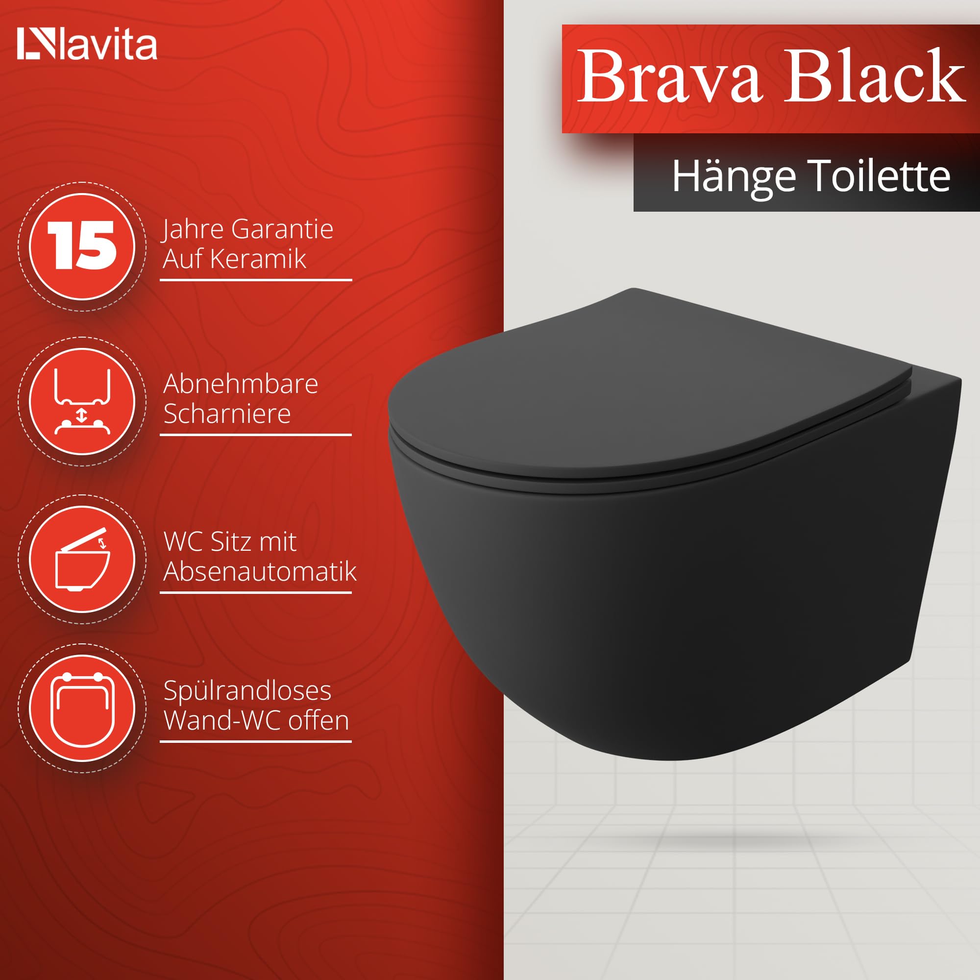 Lavita LAV 101 Vorwandelement für WC 40cm + Wand Hänge Tiefspül WC BRAVA Schwarz Spülrandlos + Bedienplatte LAV 200.4.4 Schwarz | wc sitz, Komplettset | Unterputz Spülkasten | Toilette Komplett Sett