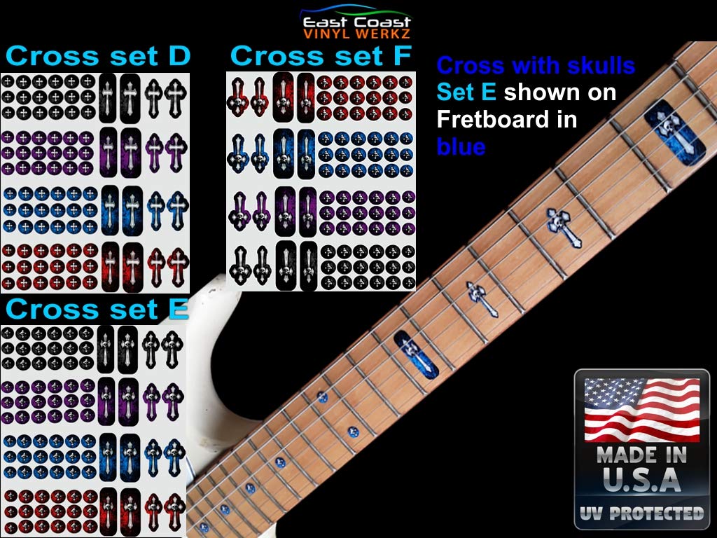 Cross Guitar Fret Markers (84 pc Set) Pick from 3 Sets in Gloss or Satin Finish Vinyl Decals Stickers for Guitar Gibson Harmony Fender ESP Ibanez Jackson Fretboard Markers Inlay (Set E Satin Finish)