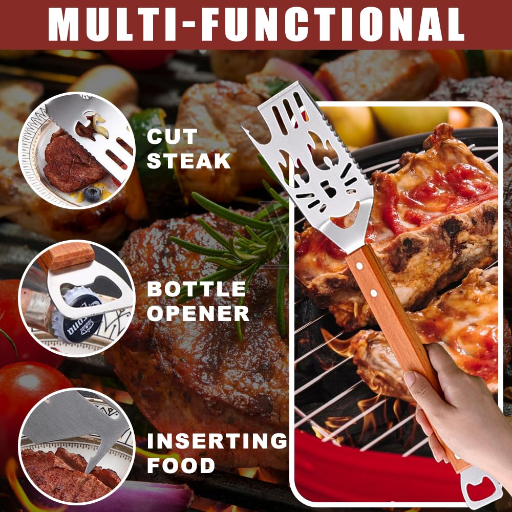 Accessori BBQ, Set Barbecue, Multifunzionali Kit Attrezzi Barbecue, con Maniglia in Legno, Coltello e Forcello, Sega, Regalo Uomo, Regali per Papà Giornata del Padre (4 Pezzi, ABCD)