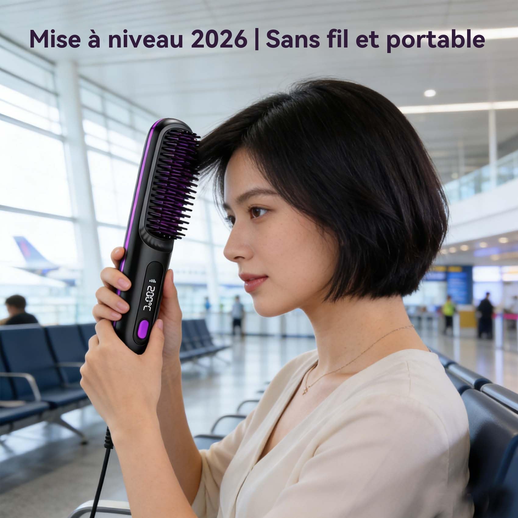 2026 Peigne Lissant Chauffant En CéRamique Sans Fil,Brosse Coiffante Pour Cheveux Courts,Cordless Ceramic Heated Hair Straightening Comb,Usb Rechargeable,3 Heat Settings & Led Screen (Black) - 3