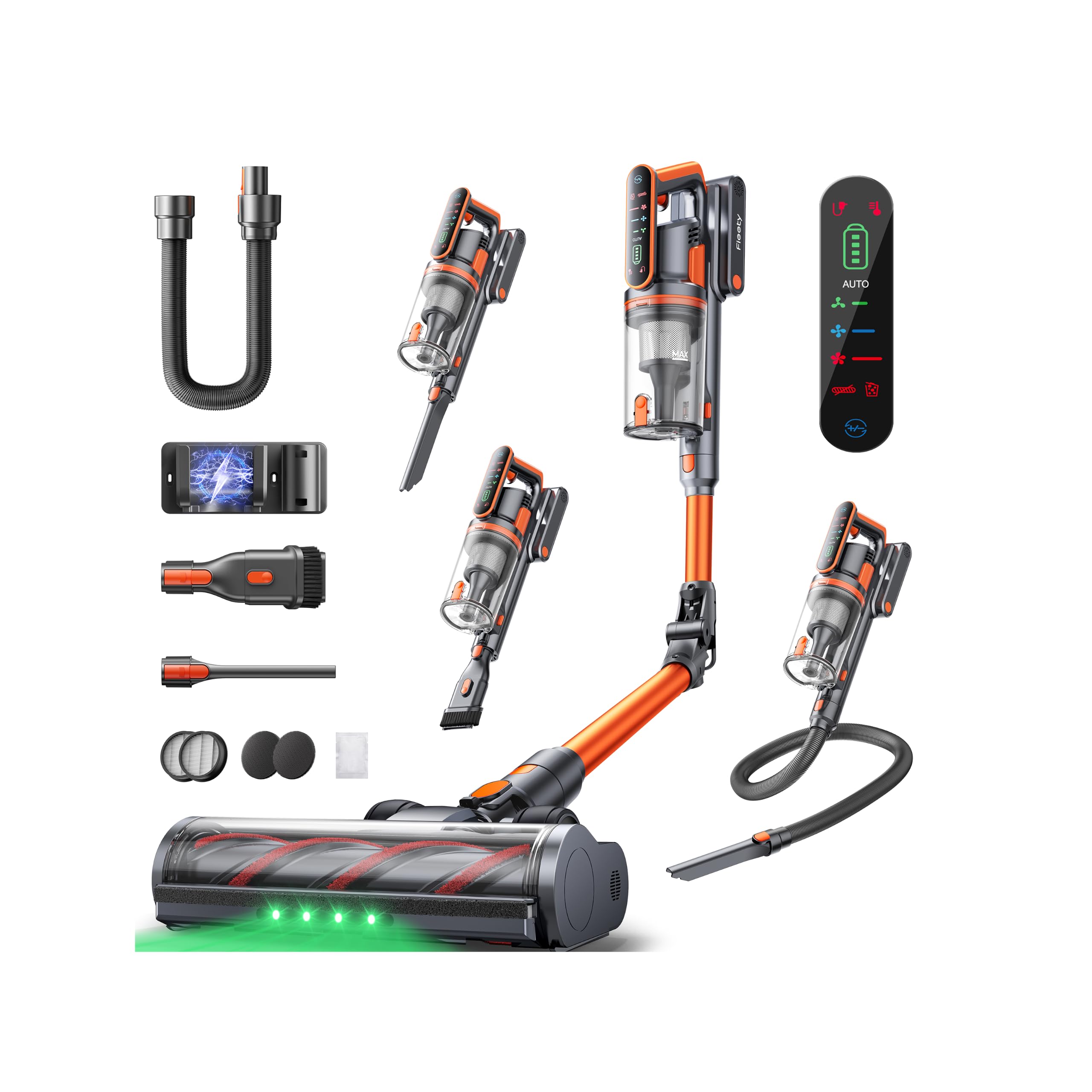 Fieety Aspiradora sin Cable 55KPa/650W/70Min(ECO), Aspiradora Escoba Potente con Brazo Flexible, Manguera 1M, Cepillo Anti-Enredo con Luz, Modo Auto, Aromática, Carga Pared, para Suelos/Alfombras/Pelo