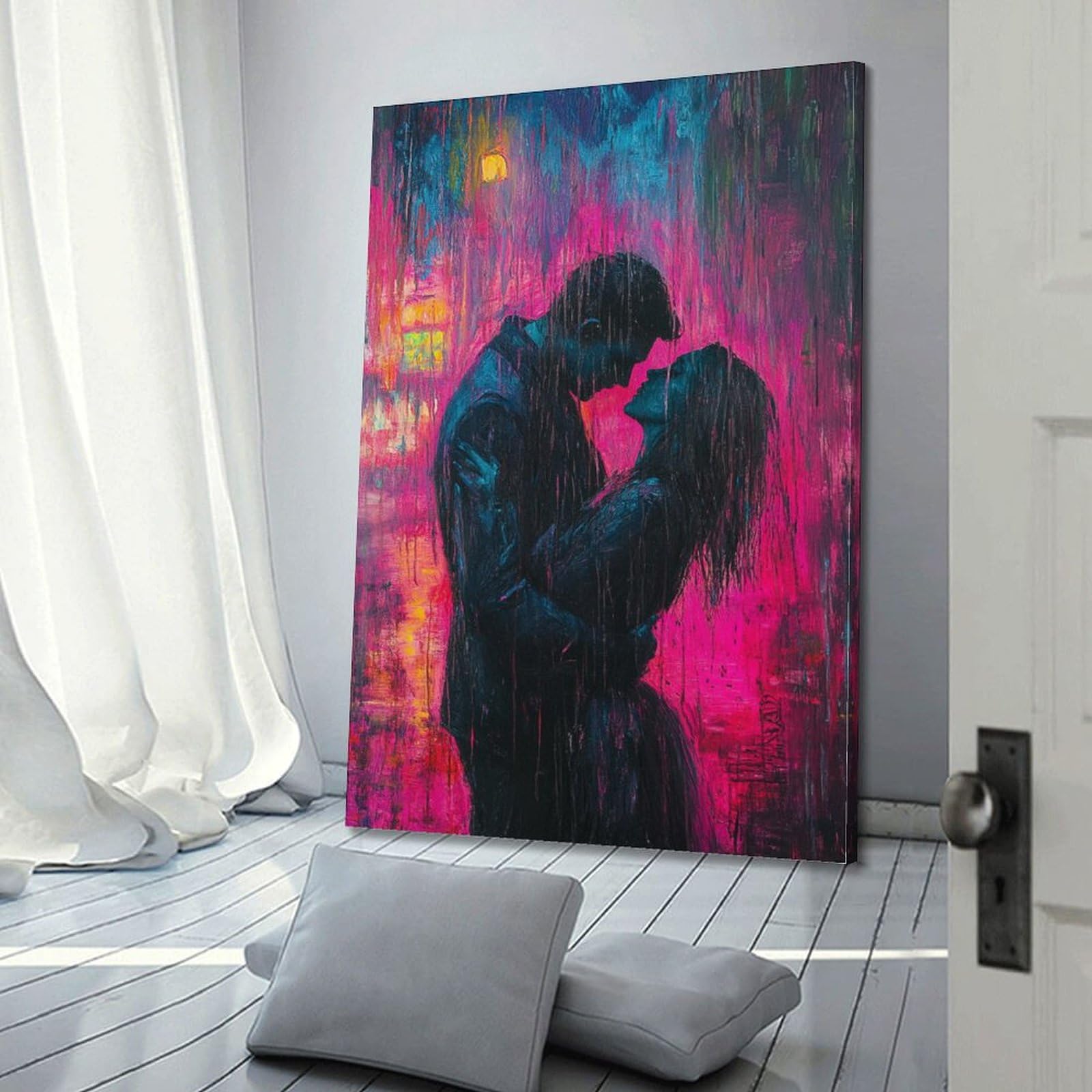 XGKJDS Romantisches Paar in Neon – beleuchteter Regen, lebendiges Kunststück, Leinwand, Wandkunst, modernes Wandbild, dekoratives Gemälde, Kunstwerk, 50 x 75 cm