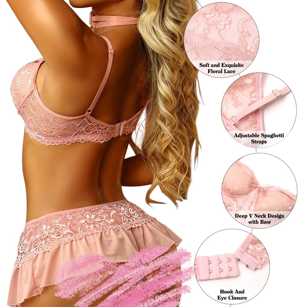 Kobiety Seksowne komplety bielizny Kwiatowy koronkowy biustonosz Majtki Mini sukienka 4 sztuki Przezroczysta siateczka Komplety bielizny Naughty Teddy Babydoll Bielizna nocna Przepuszczalna gorąca