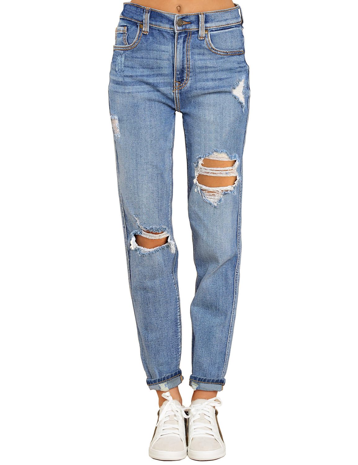 Roskiky Boyfriend Jean stretch pour femme - Taille haute - Jean côtelé - Distressed Mom