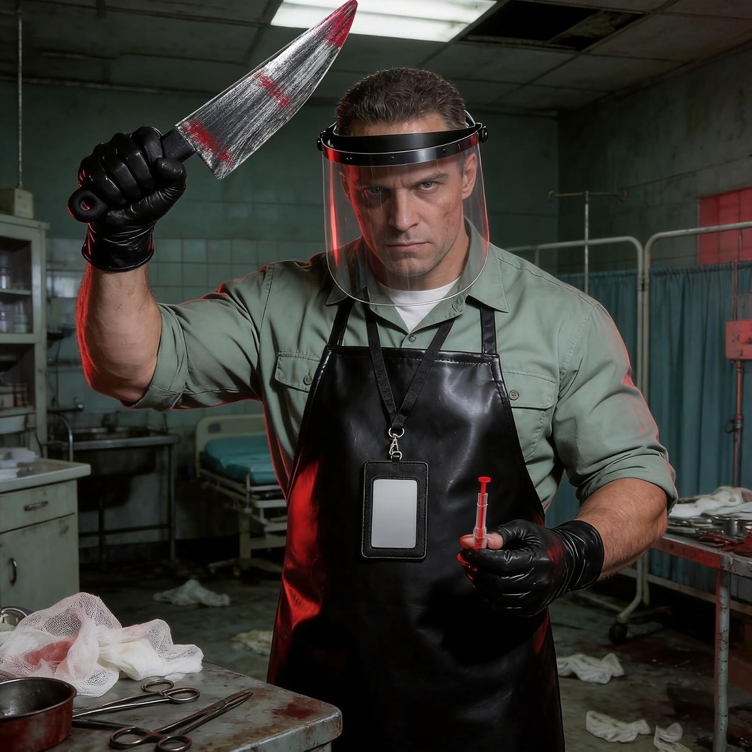 Halloween Butcher Costume Men, Fake Knife Black Apron Face Shield Id Badge