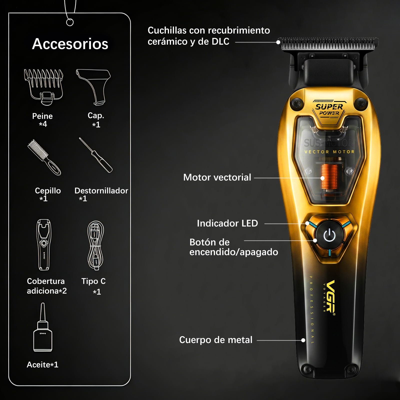 VGR 668 T Maquina Cortar Pelo hombre, Cortapelos, Motor Vectorial 11000 RPM | Recortador de Precisión con 4 Peines Guía, Carcasa Intercambiable, Carga USB