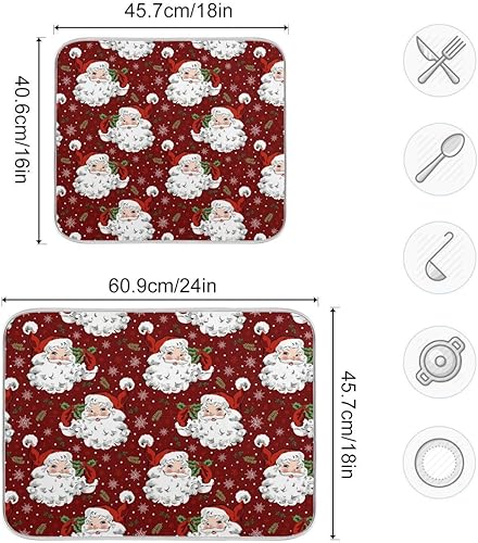 Miniatura 3 de Tapete de secado de platos rojo de Papá Noel de Navidad para cocina, tapete de secado de microfibra absorbente reversible para platos, tapete grande