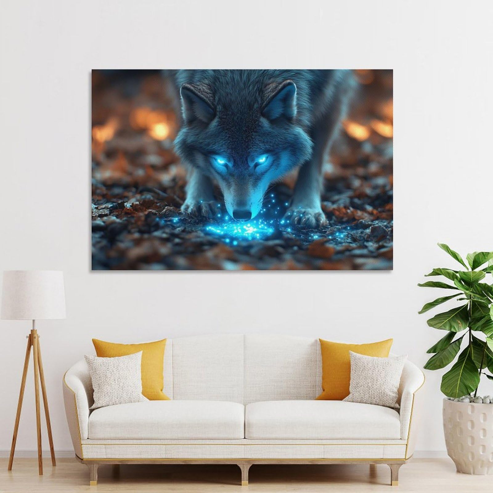 Junmoney Glowing Wolf in Autumn Leaves Room Decor Wall Art, 24x36inch(60x90cm), for Bedroom, Guest Room Or Reading Nook, Home Artwork with A Soft Interior Feel