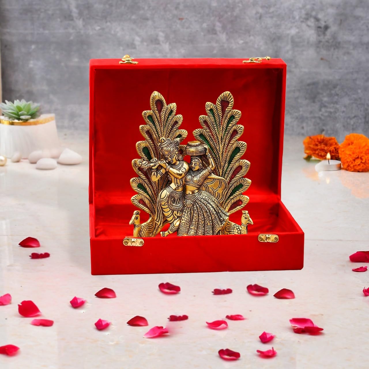 CraftVatika Metal Radha Krishna Idol Showpiece Diya with Gift Box, Wedding Anniversary Marriage House Warming Ceremony Gifts Gift Items Diwali Decoration Items (Set of 1), Golden, Wedding