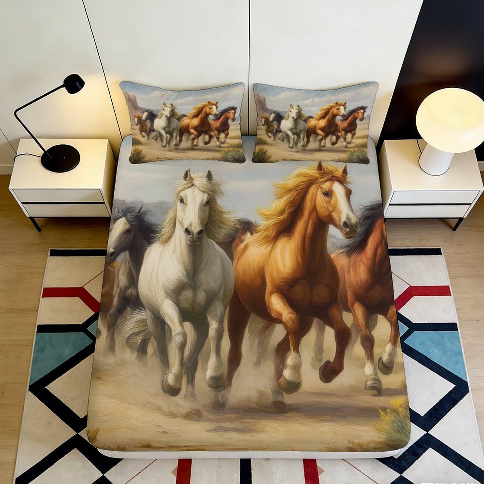 3D Printed Wild Horse Fitted Sheet Microfiber Soft Anti-Slip Prairie Gallop Mattress Cover for Bedroom Decor 90x200x25cm