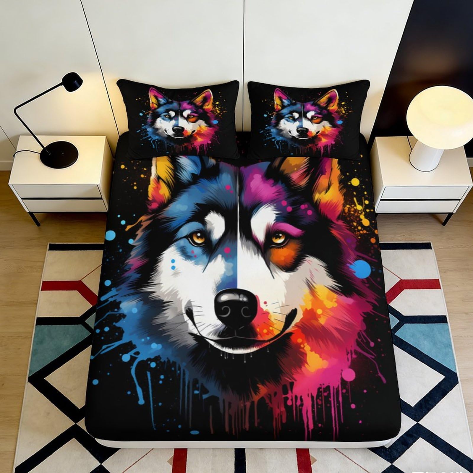 3D Printed Wolf Art Fitted Sheet Microfiber Vibrant Colorful Animal Mattress Cover for Bedroom Decor Dorm Guest Room 90x200x25cm