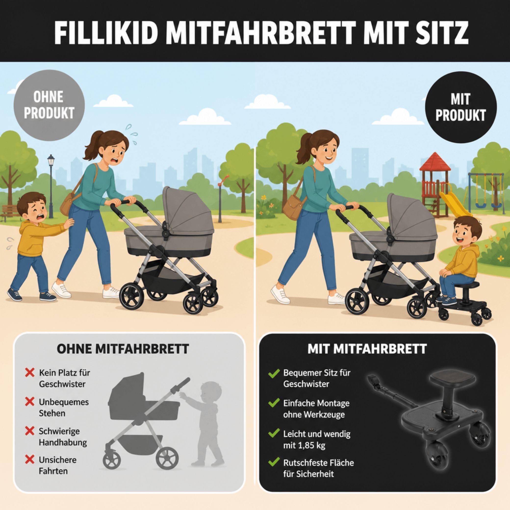Fillikid Basic Buggy Board Exclusiv, Filliboard Mitfahrbrett nutzbar von 2-5 Jahre, Rollbrett Universell für alle gängigen Kinderwagen & Buggy, Kiddyboard mit abnehmbaren Sitz