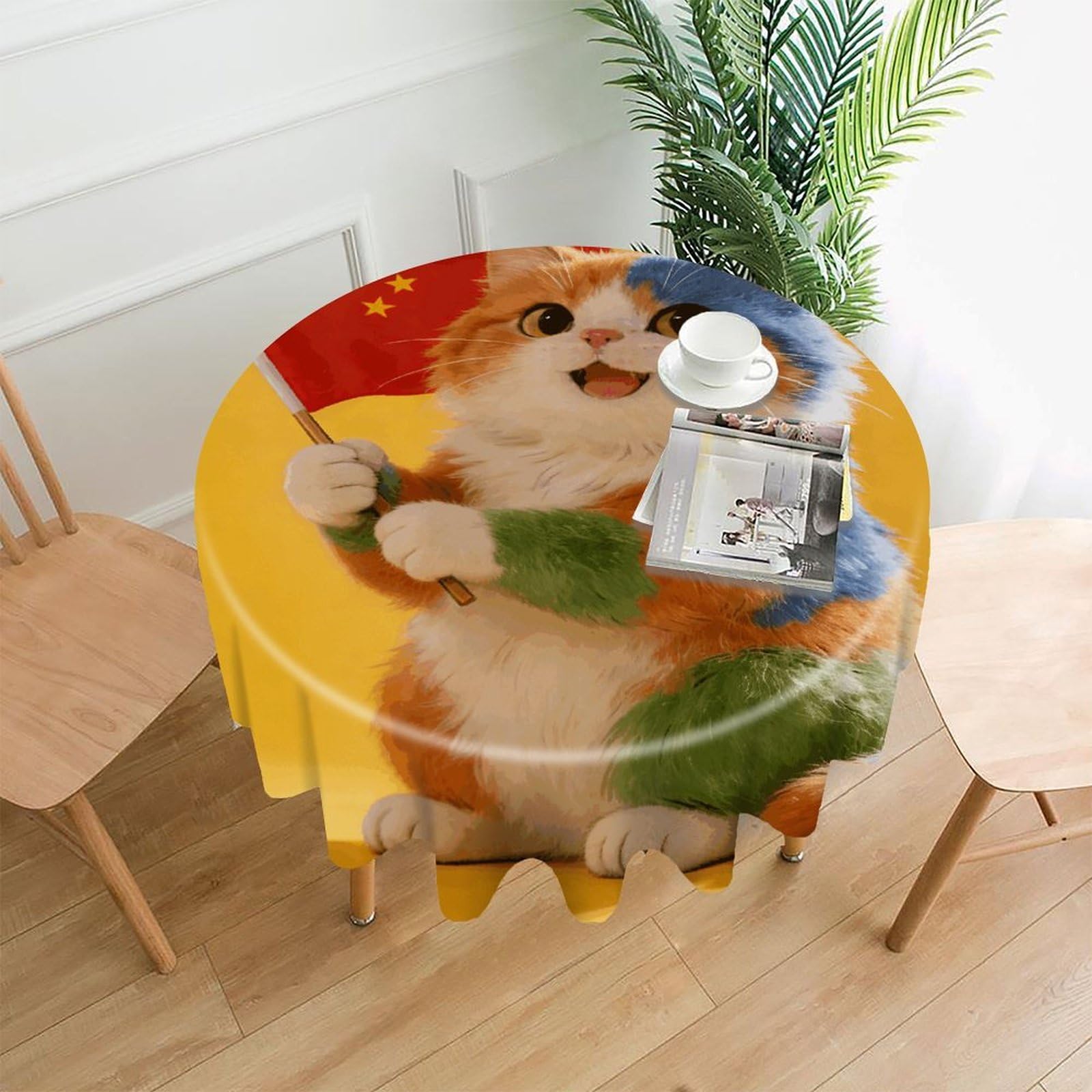 LZQPOEAS Colorful Cat and National Flag Tablecloth Easy to Clean Polyester Round Table Cover Washable Round Table Cloth Wrinkle-Free Circle Decoration Tablecloth for Kitchen and Dining Room 60"