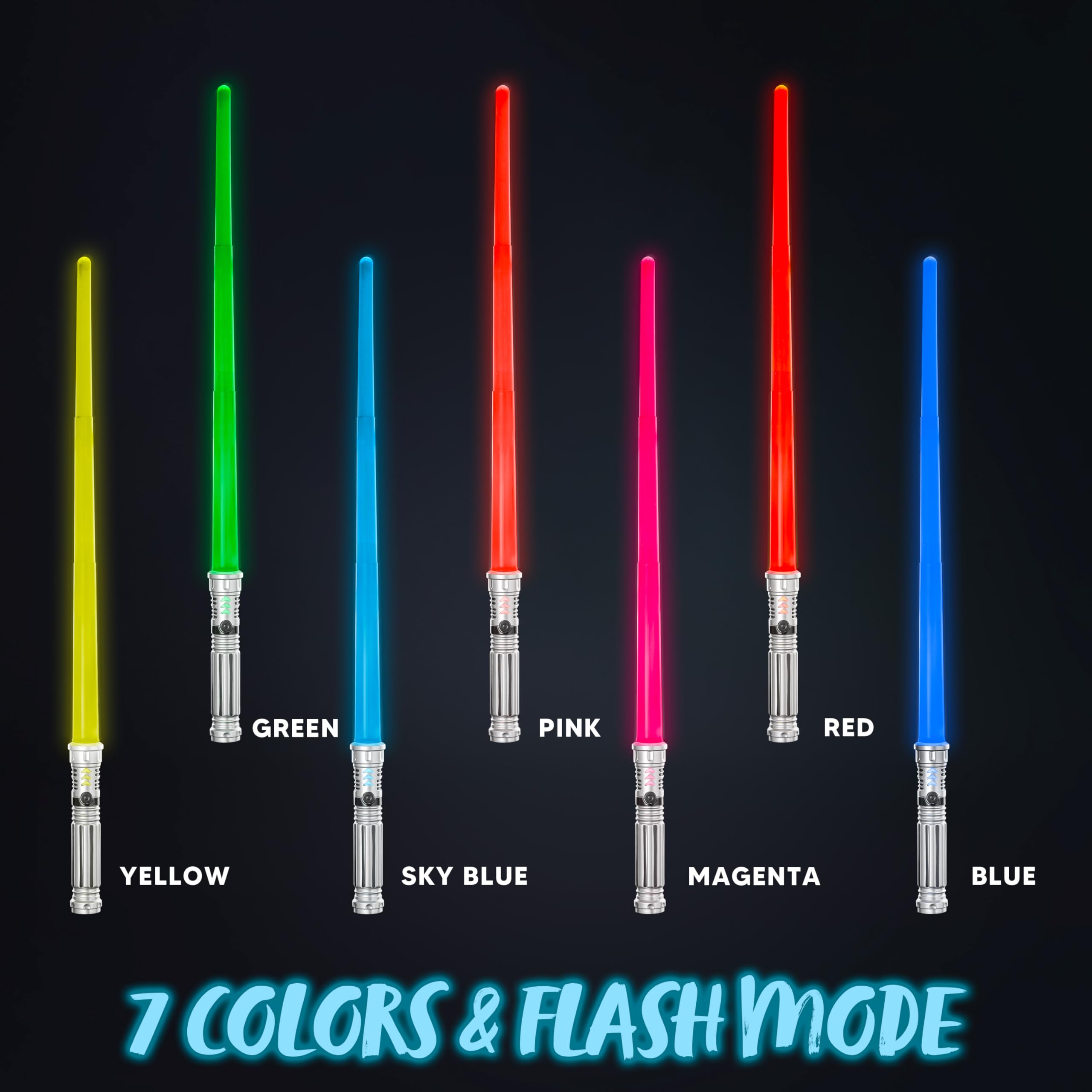 Paquete de 2 espadas iluminadas de 7 colores para niños, juego de espadas LED extensibles dobles con sonido FX (sensible al movimiento) y mango plateado para luchadores y guerreros, regalo de 4