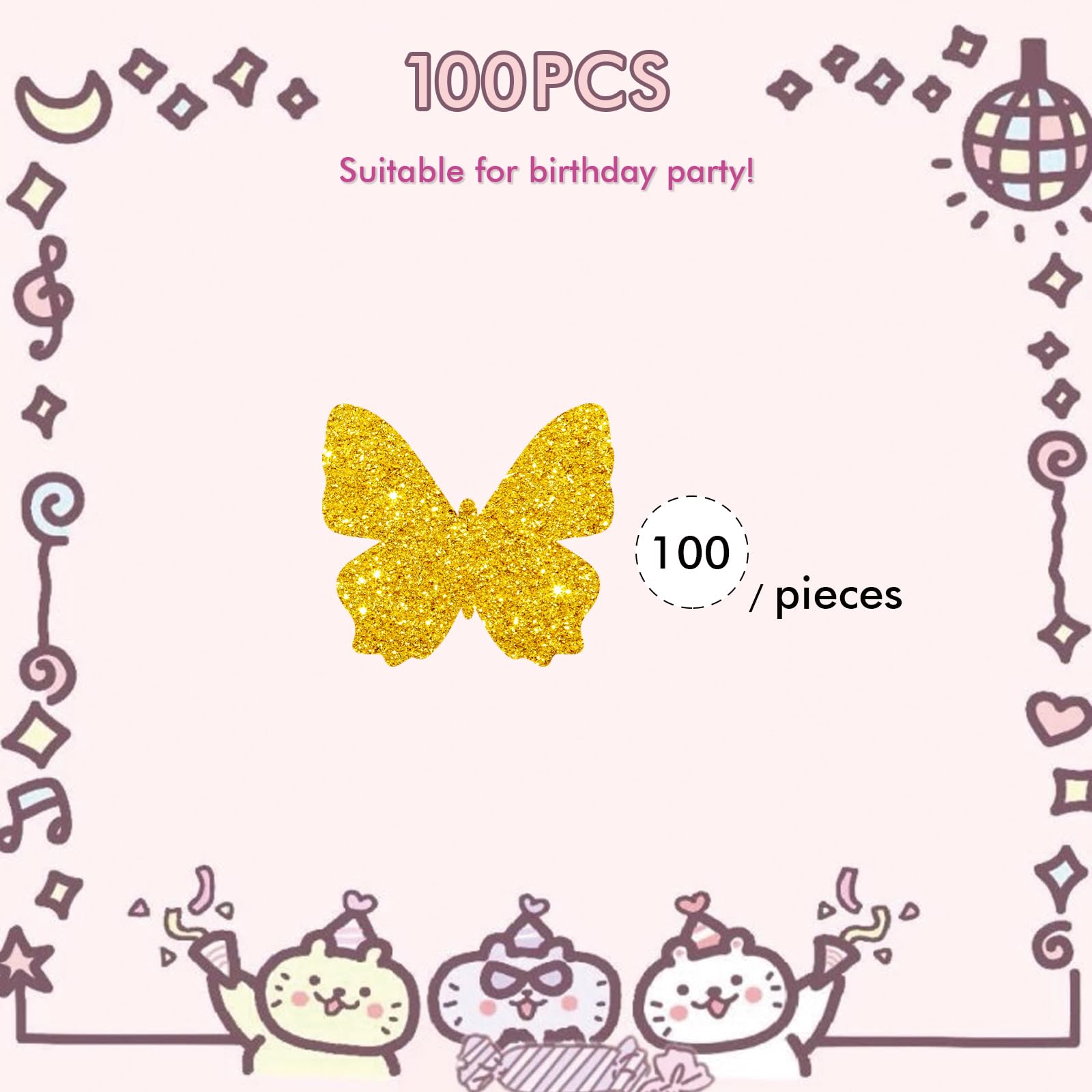100 confeti de mariposa, papel de mariposa con purpurina dorada, confeti de fiesta de mariposa, decoración de pastel de mariposa, decoración de fiesta de cumpleaños temática de mariposa