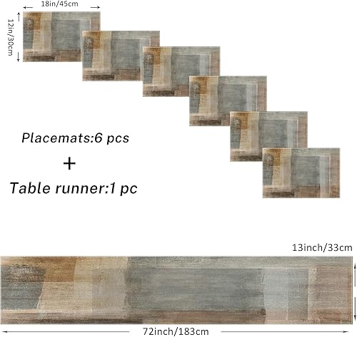 Miniatura 3 de ArtSocket Juego de 6 caminos de mesa y manteles individuales de granja, pintura abstracta marrón y gris, decoración de comedor para uso diario (1