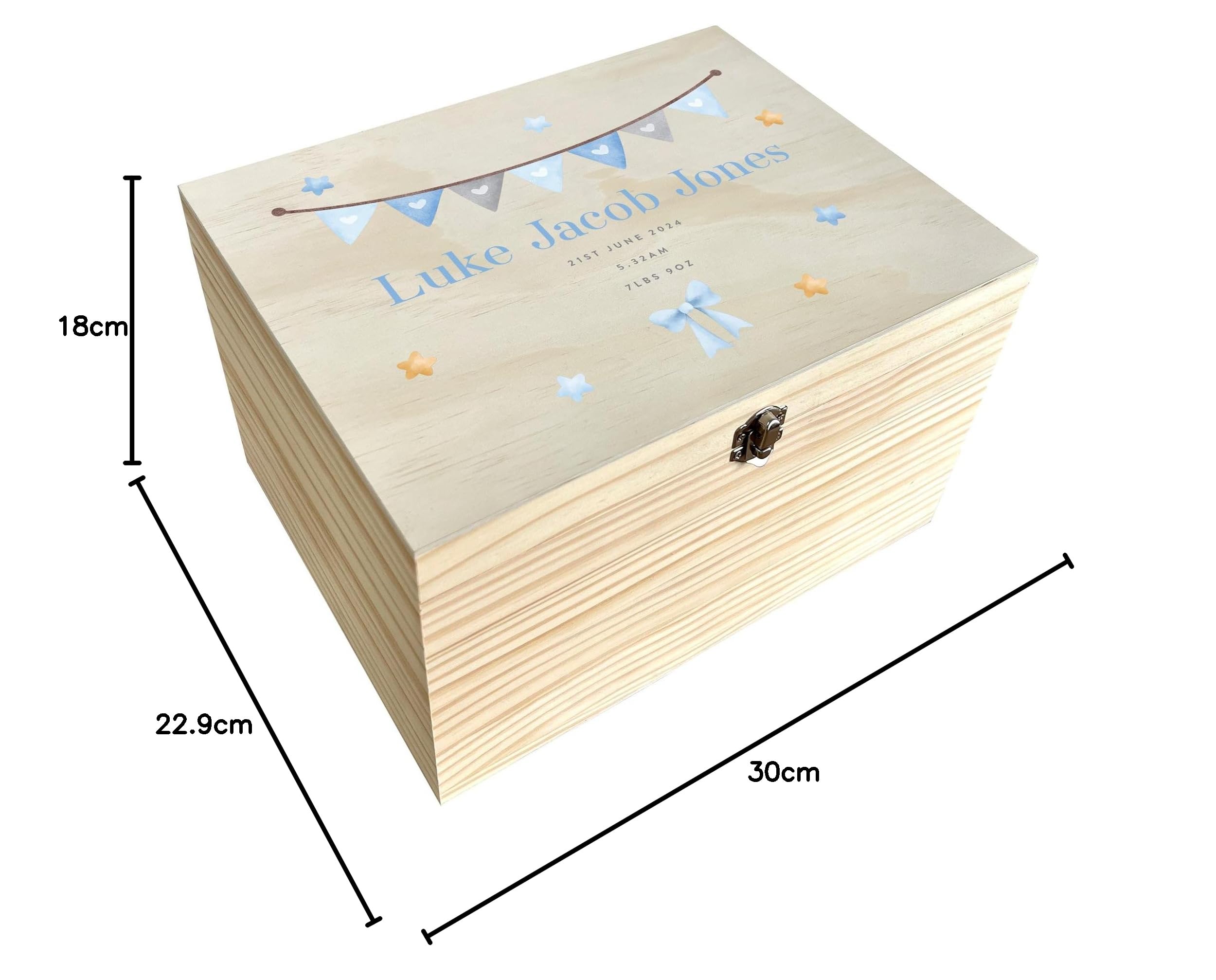 Scatola dei ricordi personalizzata con ghirlanda blu per neonati, scatola regalo per ricordi preziosi per neonati, nome e data personalizzati, scatola di pino con cerniere e chiusura in metallo, 30 cm