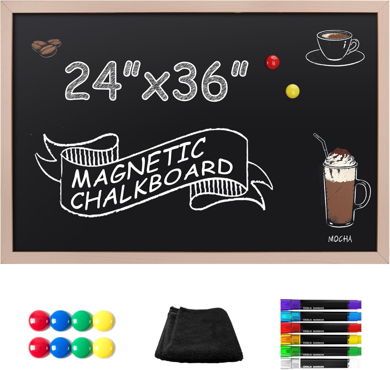 SELEAD Magnetic Chalk Board Signs - 24 x 36 inches Large Natural Color Wooden Frame Wall Decor Chalkboard for Home Kitchen Business Restaurant Office Natural Frame 24"x36"