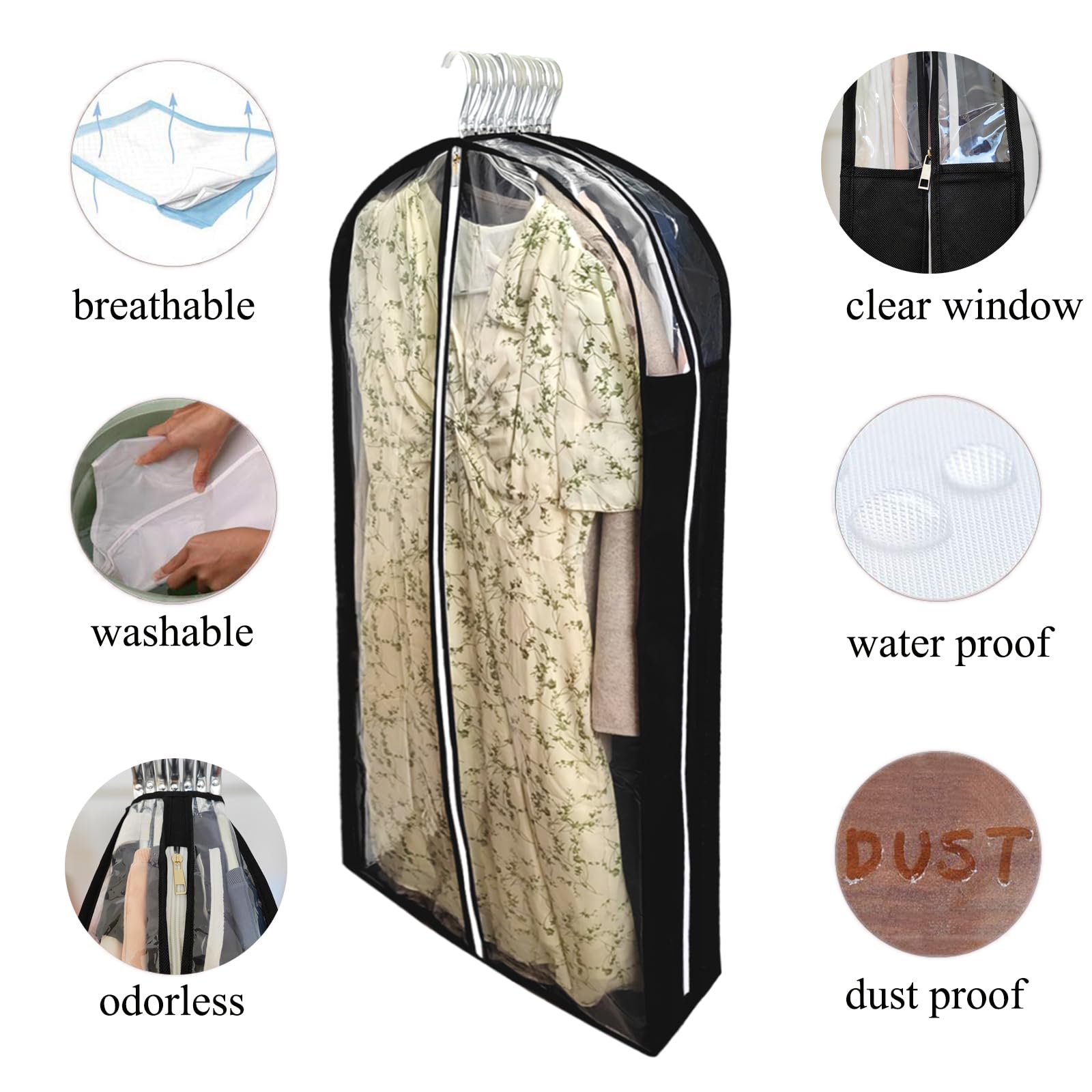 Bolsas de vestir extralargas para almacenamiento de armario con refuerzo de 6.3 pulgadas, bolsas transparentes a prueba de polillas de 60 pulgadas para colgar ropa, cubiertas antipolvo y protector de