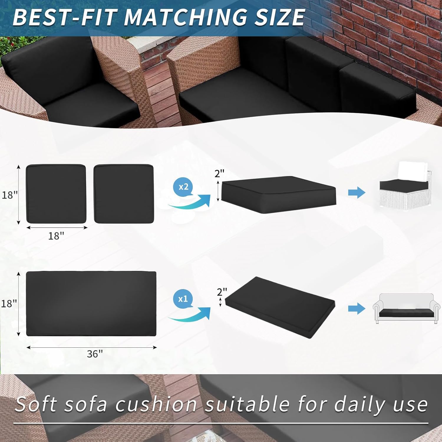 BRUXOLAY Outdoor Patio Furniture Cushion Covers, Waterproof Replacement Covers for 4-Piece Rattan Chair Wicker Furniture Set 3Pack Black 36x18 and 18x18 inches Cover Only