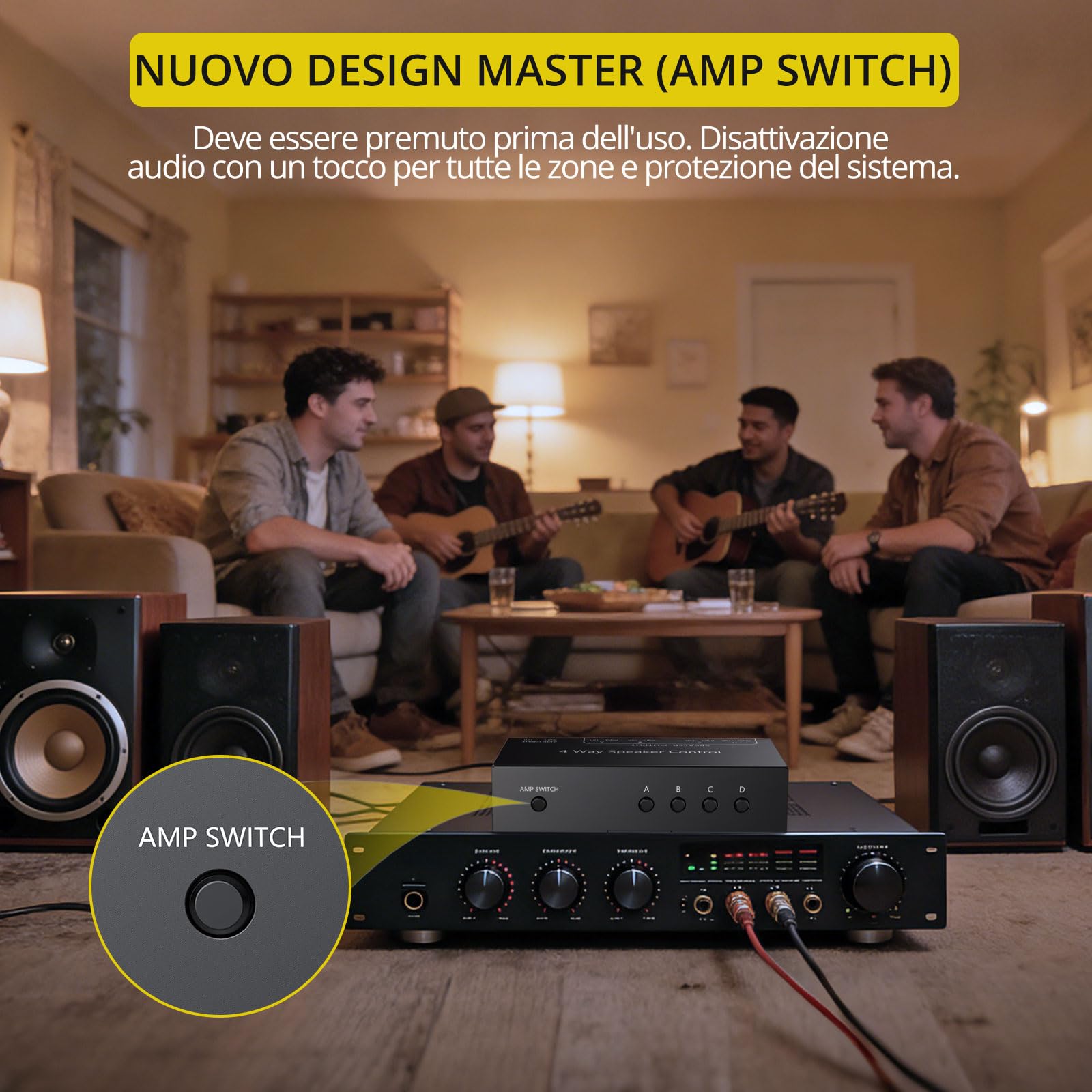 PROZOR Commutatore Altoparlanti 4 Zone Switch Passivo 1 Ingresso 4 Uscite 150W/Canale Selettore Passivo Altoparlanti 4 Zone Controllo Indipendente Zone A/B/C/D con Interruttore Master