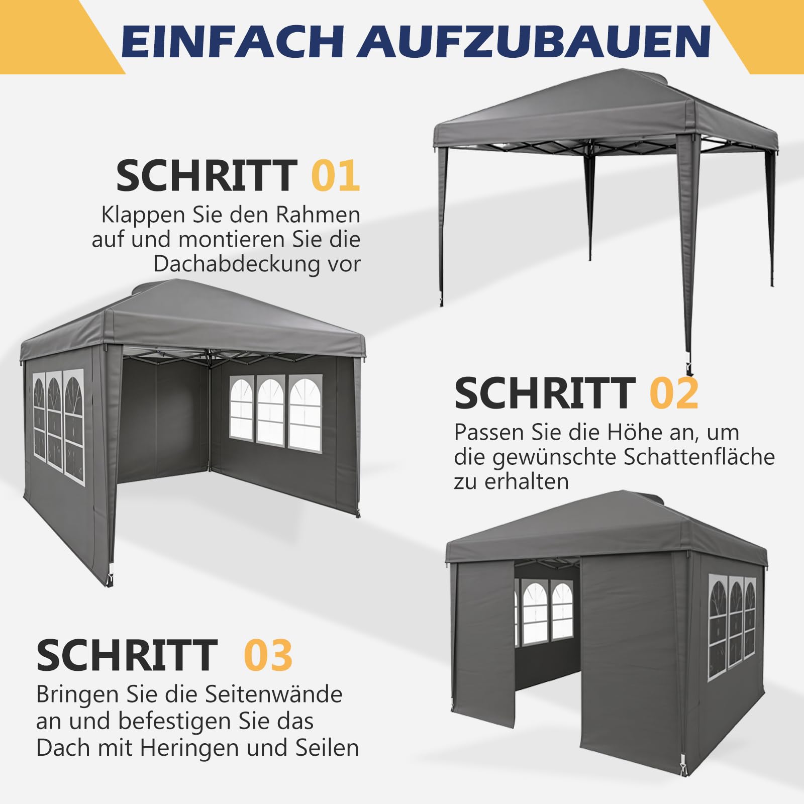 Pavillon 3x3, Pop Up Faltpavillon mit Seitenwänden & Sandsäcken Grau | Wasserdicht Stabil Partyzelt Faltbar mit Tragetasche, UV Schutz 50+ fur Garten Party Camping, Höheverstellbar