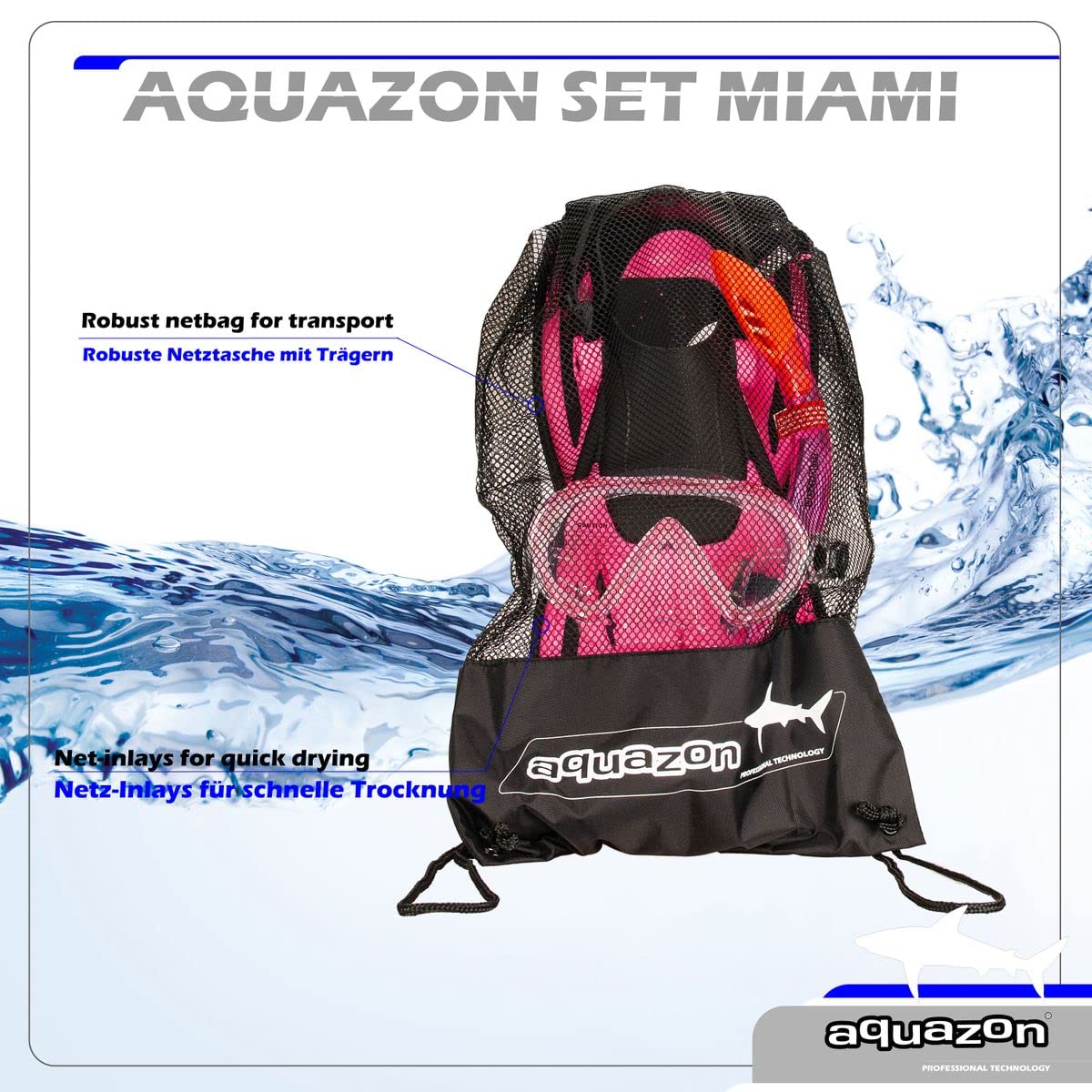 AQUAZON Miami Schnorchelset, Schwimmset, Tauchset, Taucherbrille mit Anti Fog Tempered Glas, Silkon, Semi Dry Schnorchel, verstellbare Flossen für Kinder