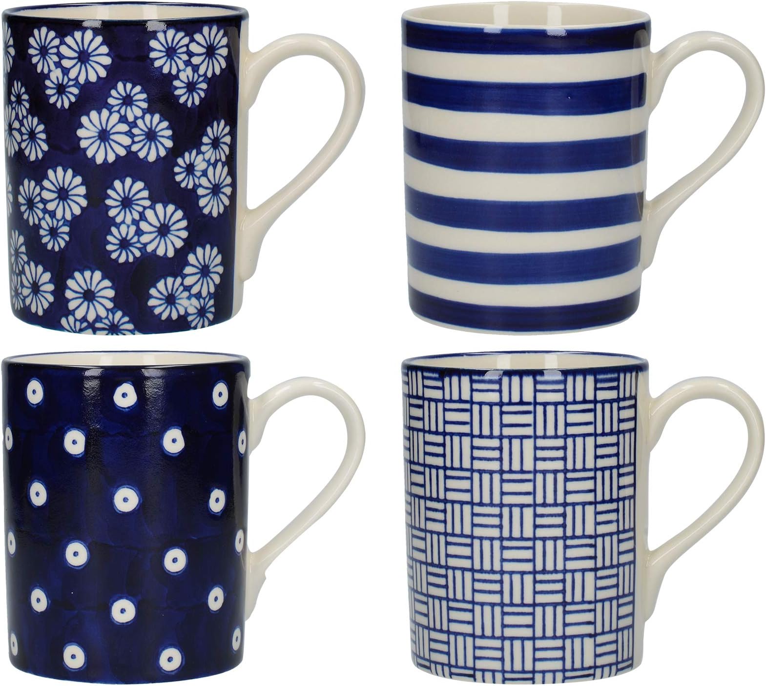 London Pottery JY18LT16 Out of the Blue Straight Coffee Cups / Tea Mug Set with Assorted Patterned Designs, Stoneware, Navy Blue, 350 ml (4 Pieces)