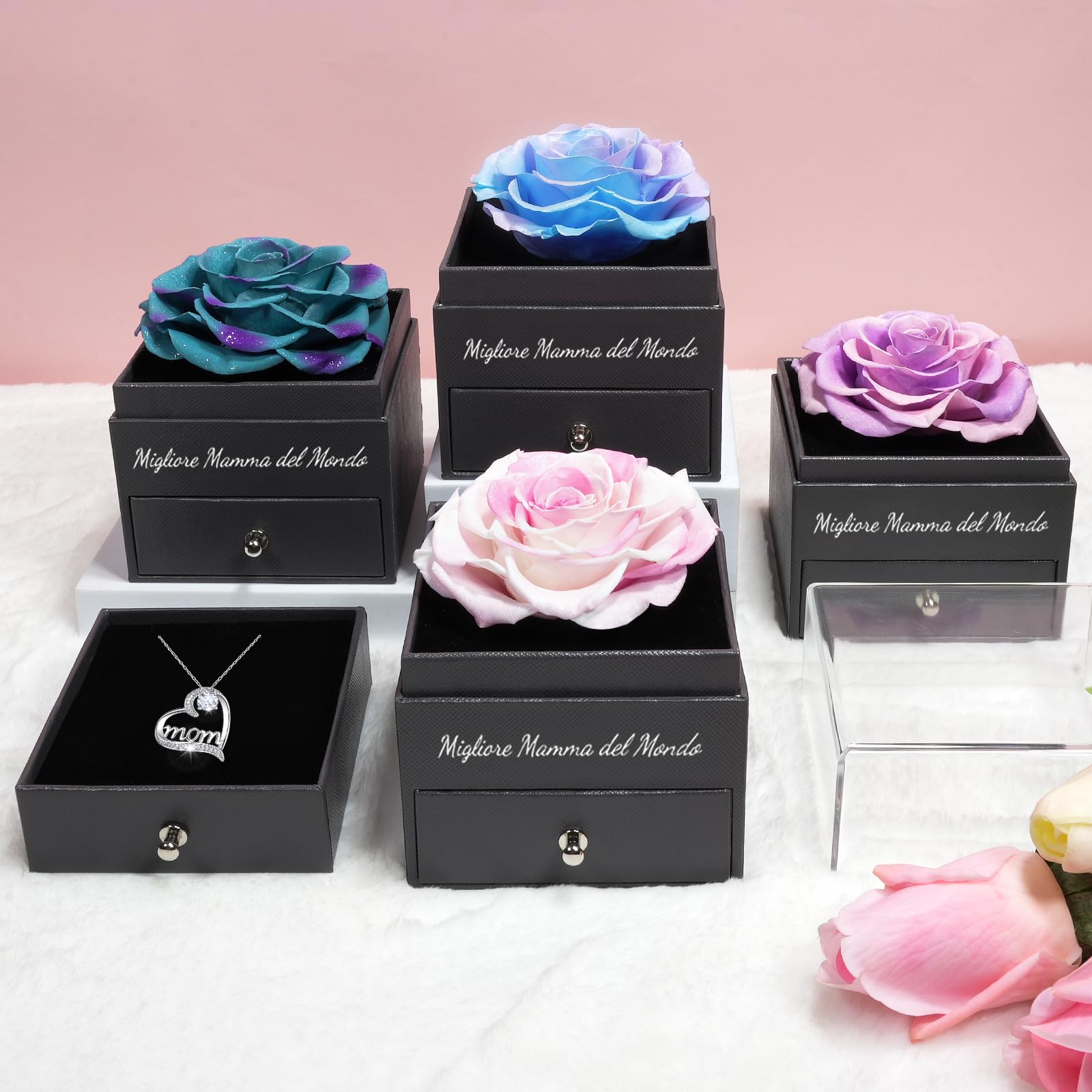 Sunia Festa della Mamma Idee Regalo, Vera Rosa Eterna con Collana Argento 925 Donna, Migliore Mamma del Mondo, Rosa Eterna Stabilizzata, Regalo Donna Compleanno