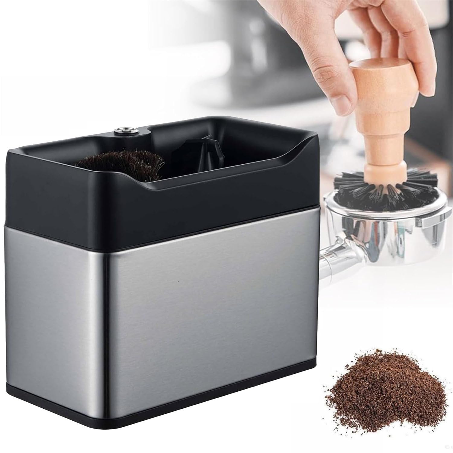 UORDBY Professional Auto Coffee Portafilter Cleaning Machine,Coffee Grounds Cleaning Machine,Barista Tools,with Dual Brush Heads,for 58mm & 51mm Handles Silver
