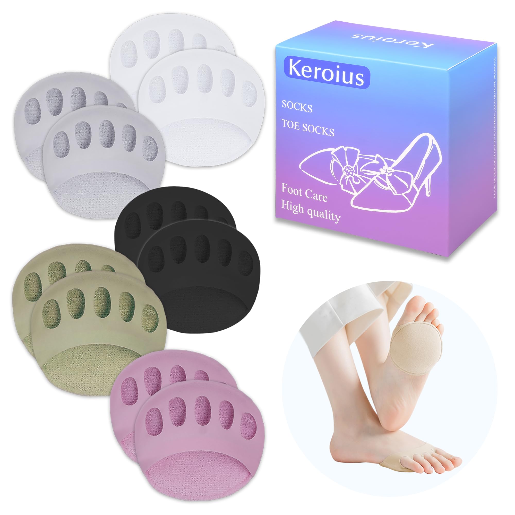 Honeycomb Fabric Forefoot Pads Breathable Soft Ball of Foot Cushion Pads, Invisible Women's Half Liner Socks Mat for Flats High Heels (5Pairs(Black-White-Gray-Purple-Green))