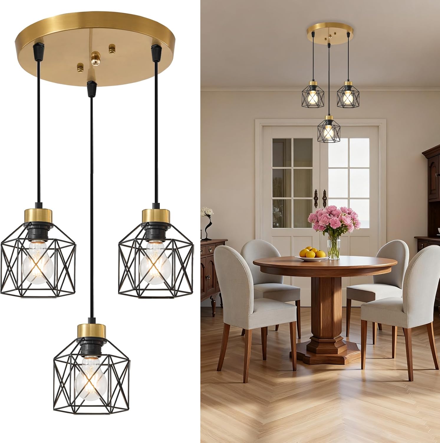 Black and Gold 3-Light Pendant Light Fixture, Farmhouse Hanging Pendant Lighting, Dining Room Chandelier, Industrial Kitchen Island Hanging Light Fixture, Metal Cage Pendant Ceiling Lamp for Kitchen