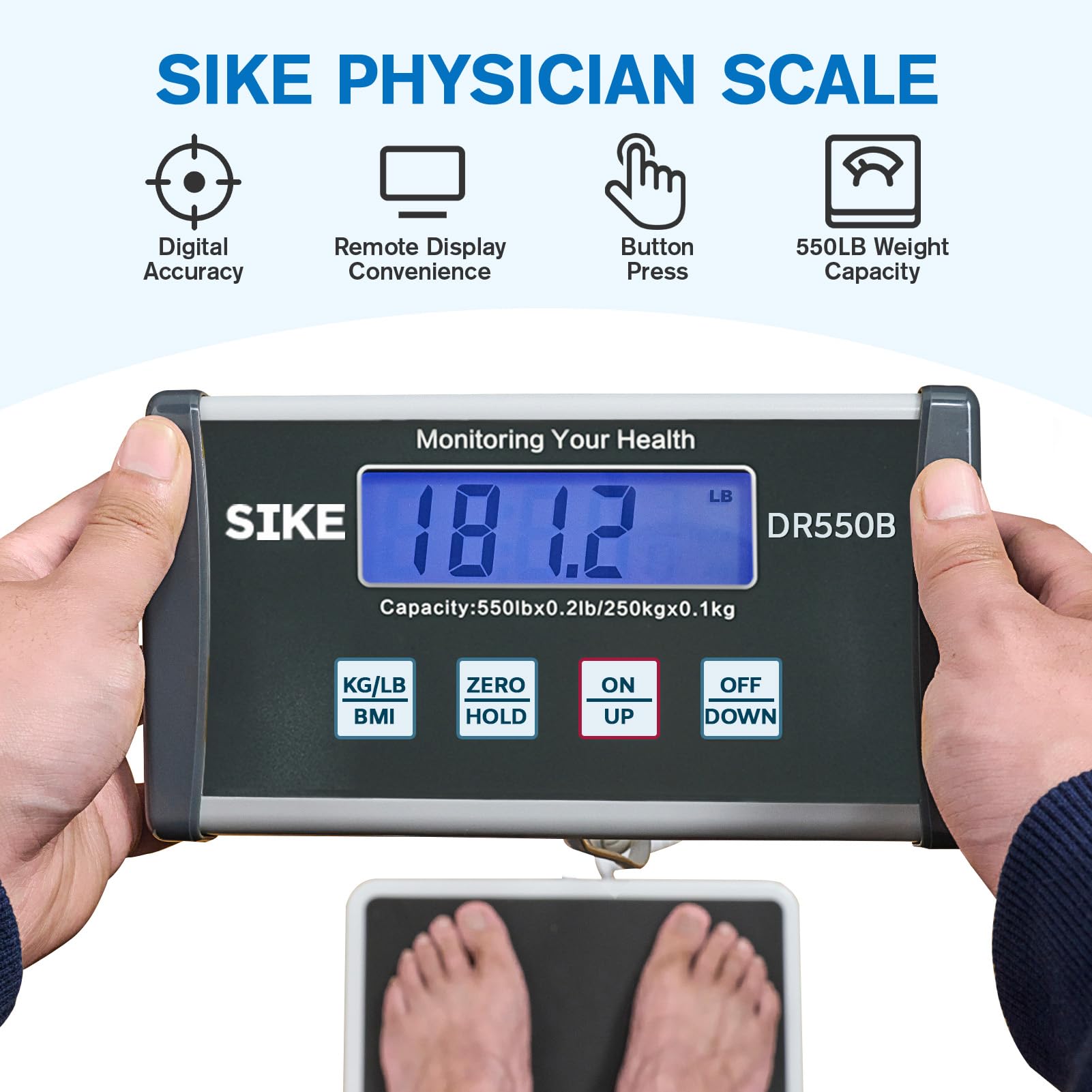 SIKE Bilancia medica digitale BMI, bilancia medica da pavimento per peso corporeo, limite 250 kg, bilancia professionale portatile, facile da leggere, resistente, piattaforma da 31,8 x 30,5 cm