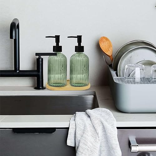 Miniatura 4 de Juego de 2 dispensadores de jabón de manos y platos de vidrio con bombas de plástico, bandeja de bambú, dispensador de jabón de baño de 13.5 onzas