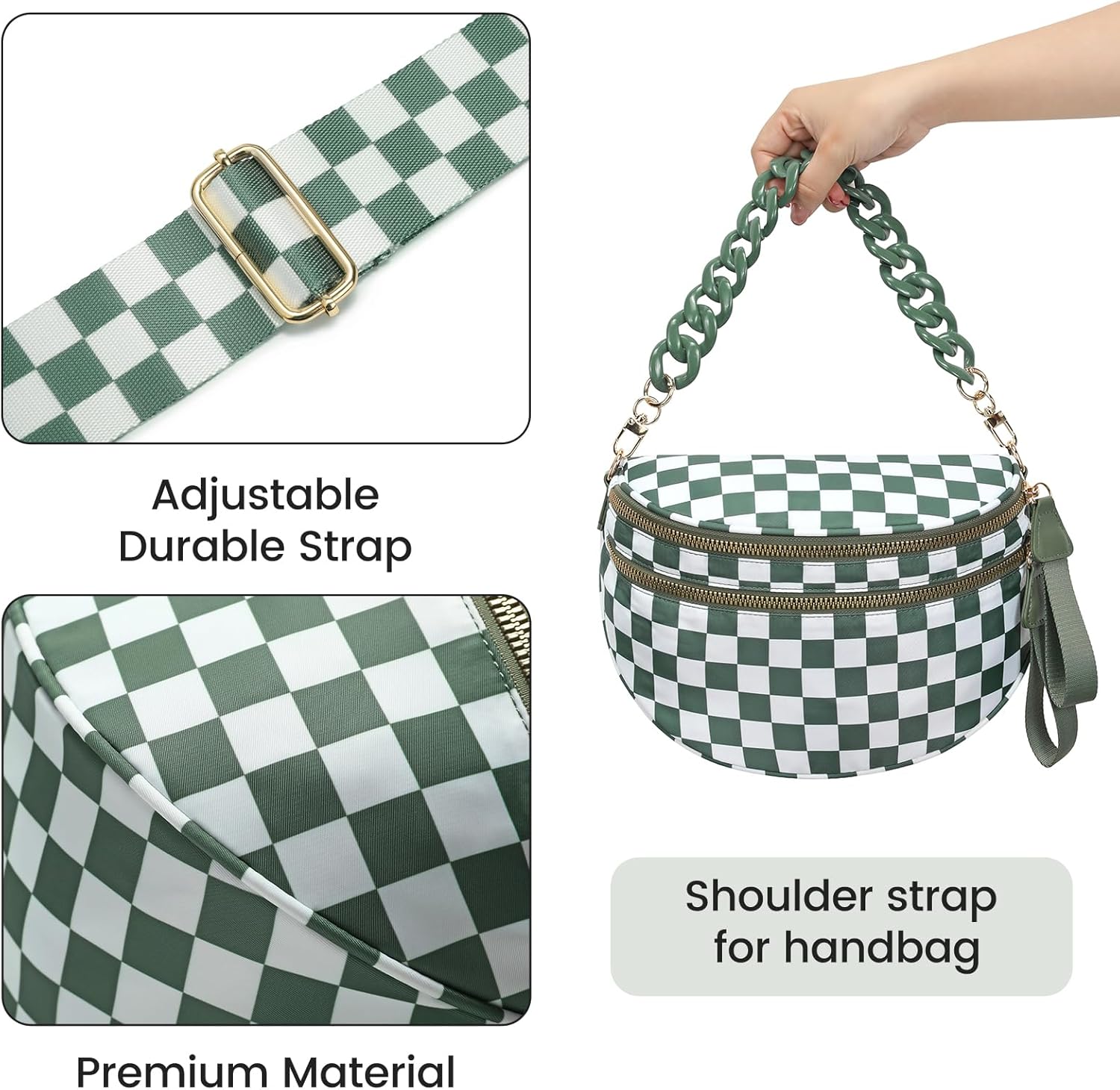 Crossbody Bags for Women Chain Bum Handbag, Checkered Strap Roomy Versatile Mom-Friendly Bag with Multiple Pockets - Image 8