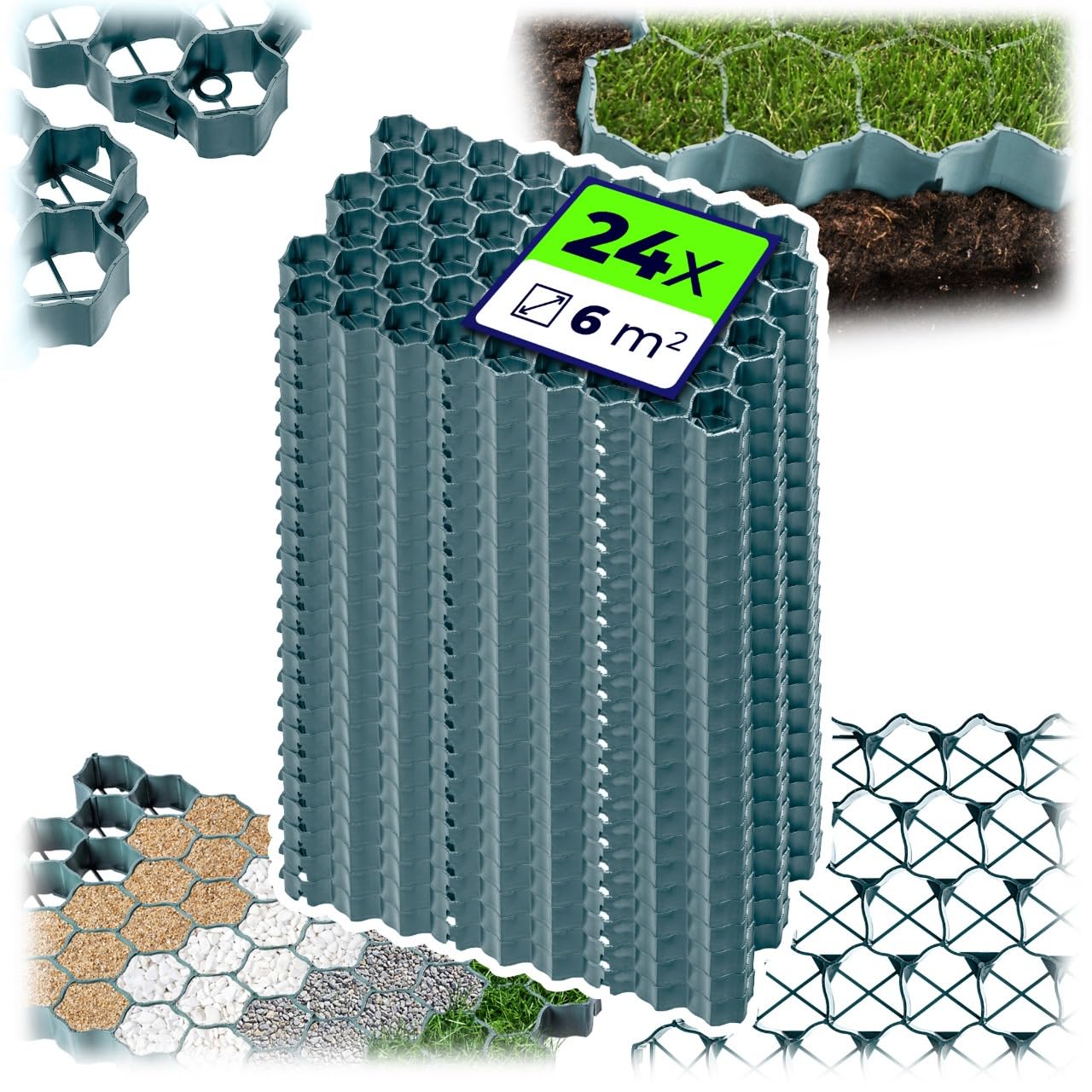 KADAX Placas de plástico, 60 x 40 cm, 6 m˛, 2 Colores, Capacidad de Carga de hasta 1000 toneladas, Rejilla de césped con Puntos Antideslizantes, (Verde, Rectangular, 24 Unidades)