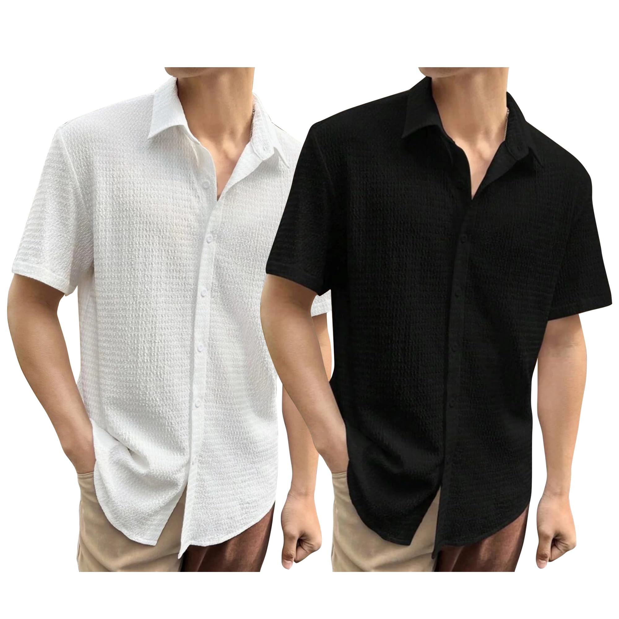 I ENTERPRISE2 Pack Mens Regular Fit Solid Color Soft Cotton Casual Spread Collar Half Sleeve Shirt, White-and-black, M