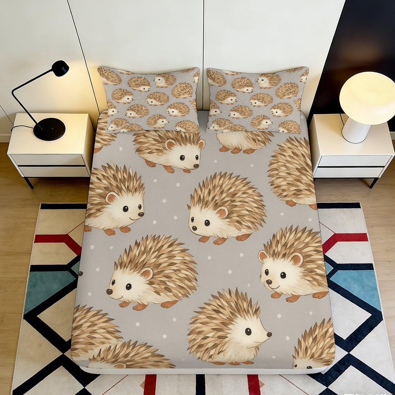 3D Printed Hedgehog Microfiber Fitted Sheet Deep Pocket Non-Slip Elastic Hem Bedroom Mattress Fitted Cover Washable 120x200x25cm