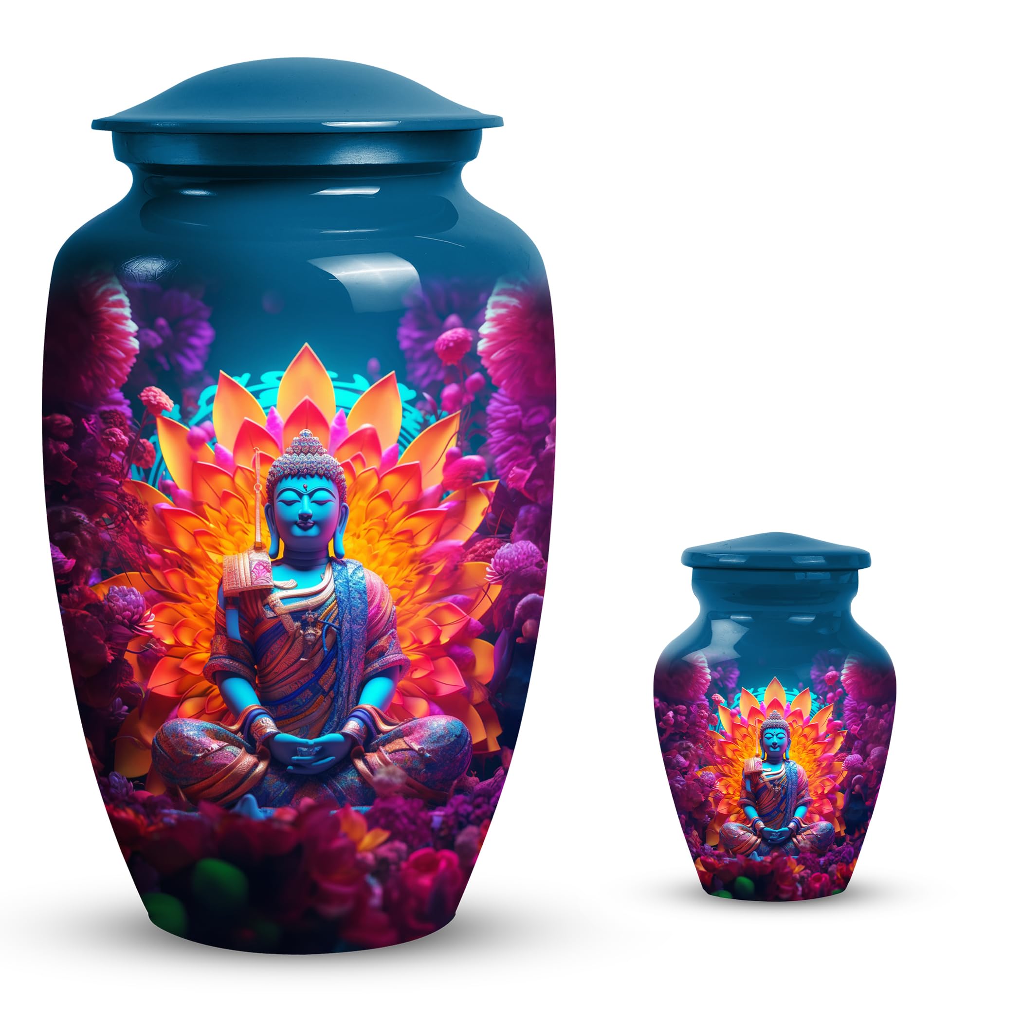 PARUHAS Combo of 10" Large Urn & 3" Keepsake Colorful Buddha Lotus Flower Urn - Small Urns for Ashes Adult Female & Male - Cremation Urn for Ashes Adults - Matching Urn - Small Ashes Urns for Humans