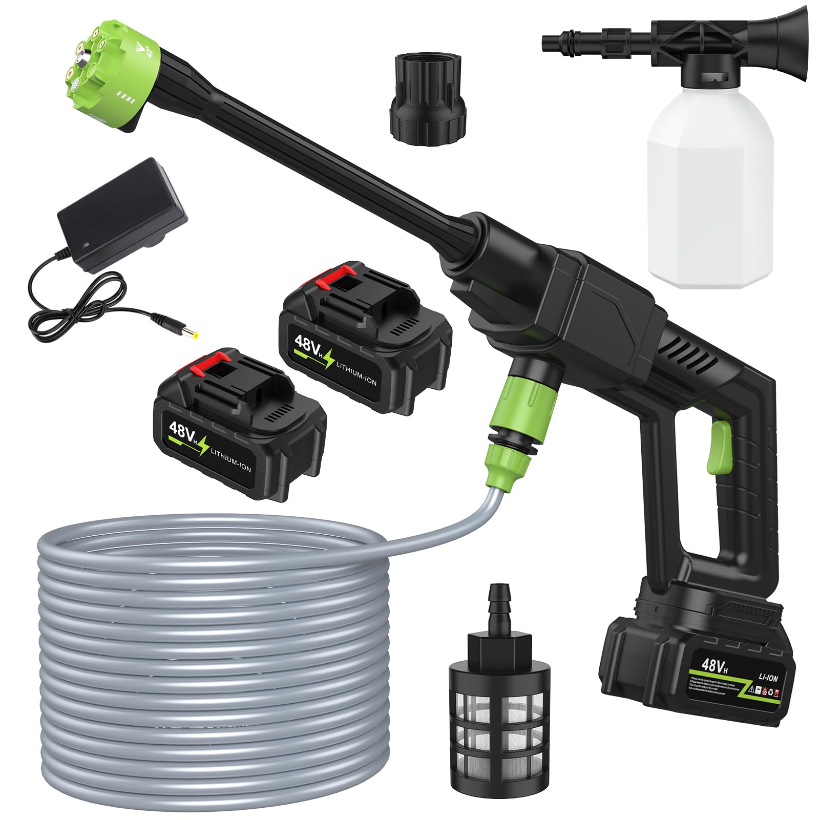 Calager Cordless Pressure Washer,300W Portable Power Pressure Washer Gun with 6-in-1 Adjustable Nozzles,500PSI Battery Powered High Pressure Washer Cleaner,Cordless Jet Washer for Garden Car (Black)