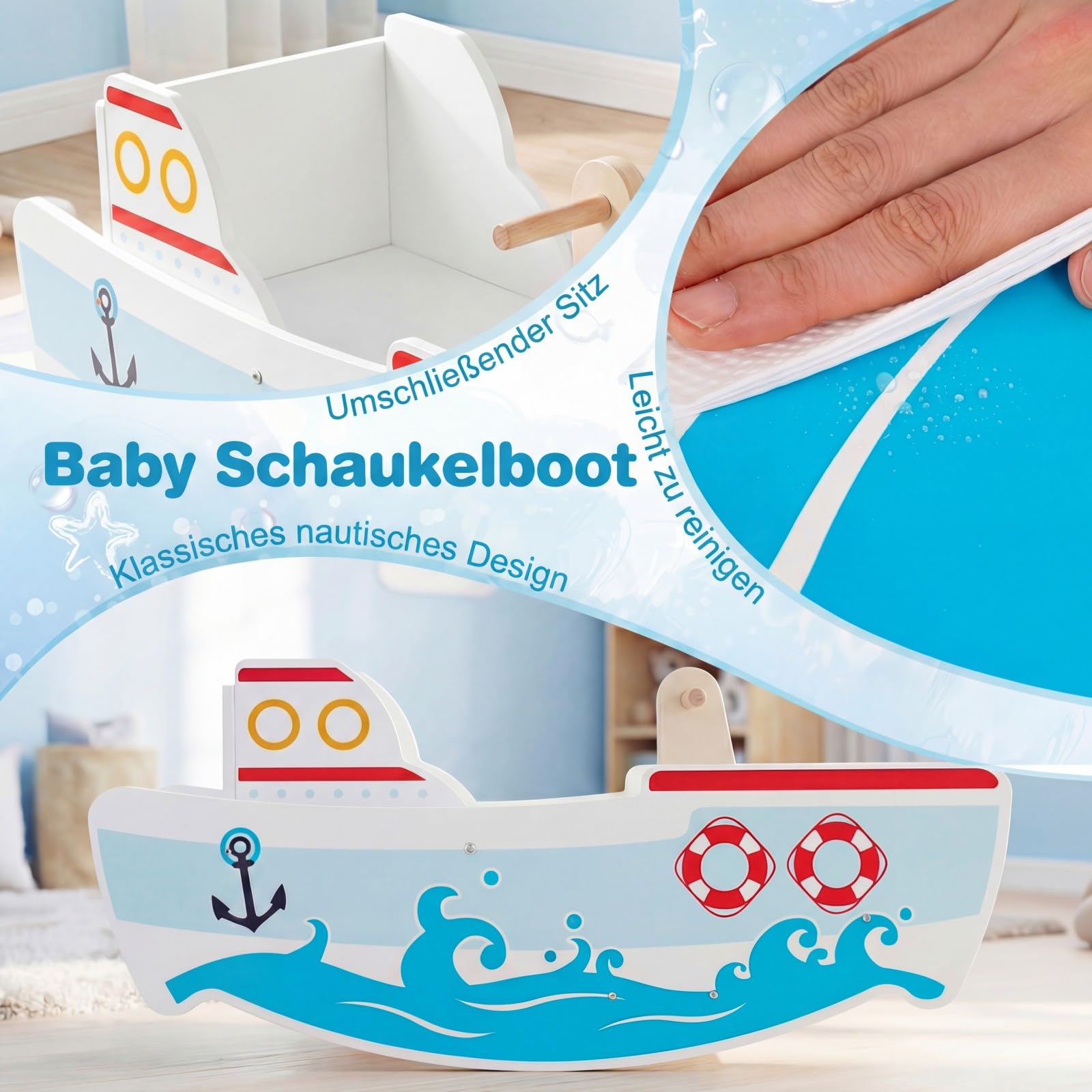 COSTWAY Schaukelboot Kinder ab 1 Jahr, Holz-Schaukelpferd mit nautischem Design, Birkenholz-Griffe, breiter Sitz & Rückenlehne, 40° Schaukelbereich, Schaukelwippe, belastbar bis zu 50 kg