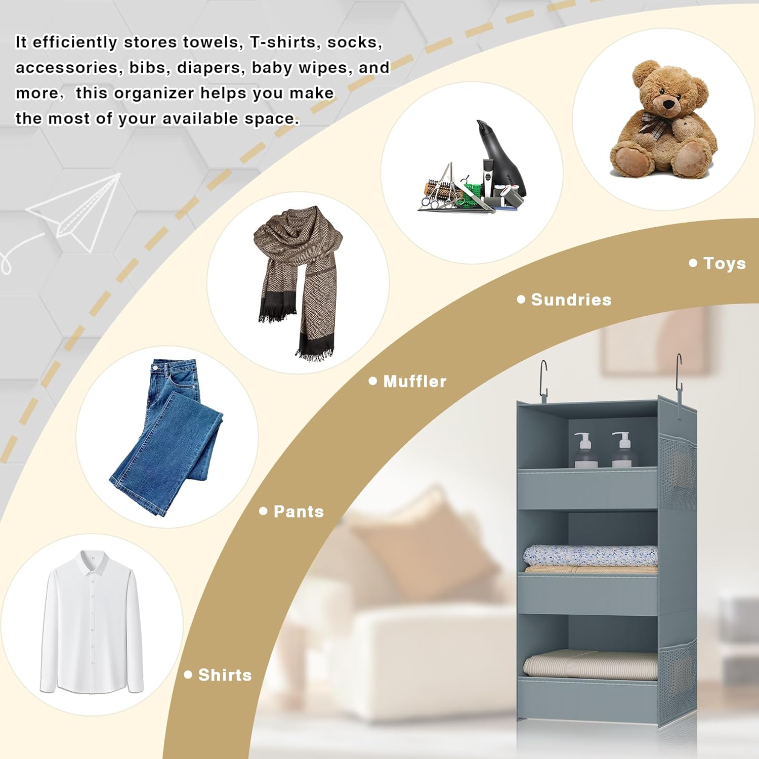 3-Shelf Hanging Closet Organizer and Storage, Foldable Hanging Closet Shelves Front Lip Design Washable Hanging Storage, 28" X 11-3/4" X 11-3/4", Gray - Image 9