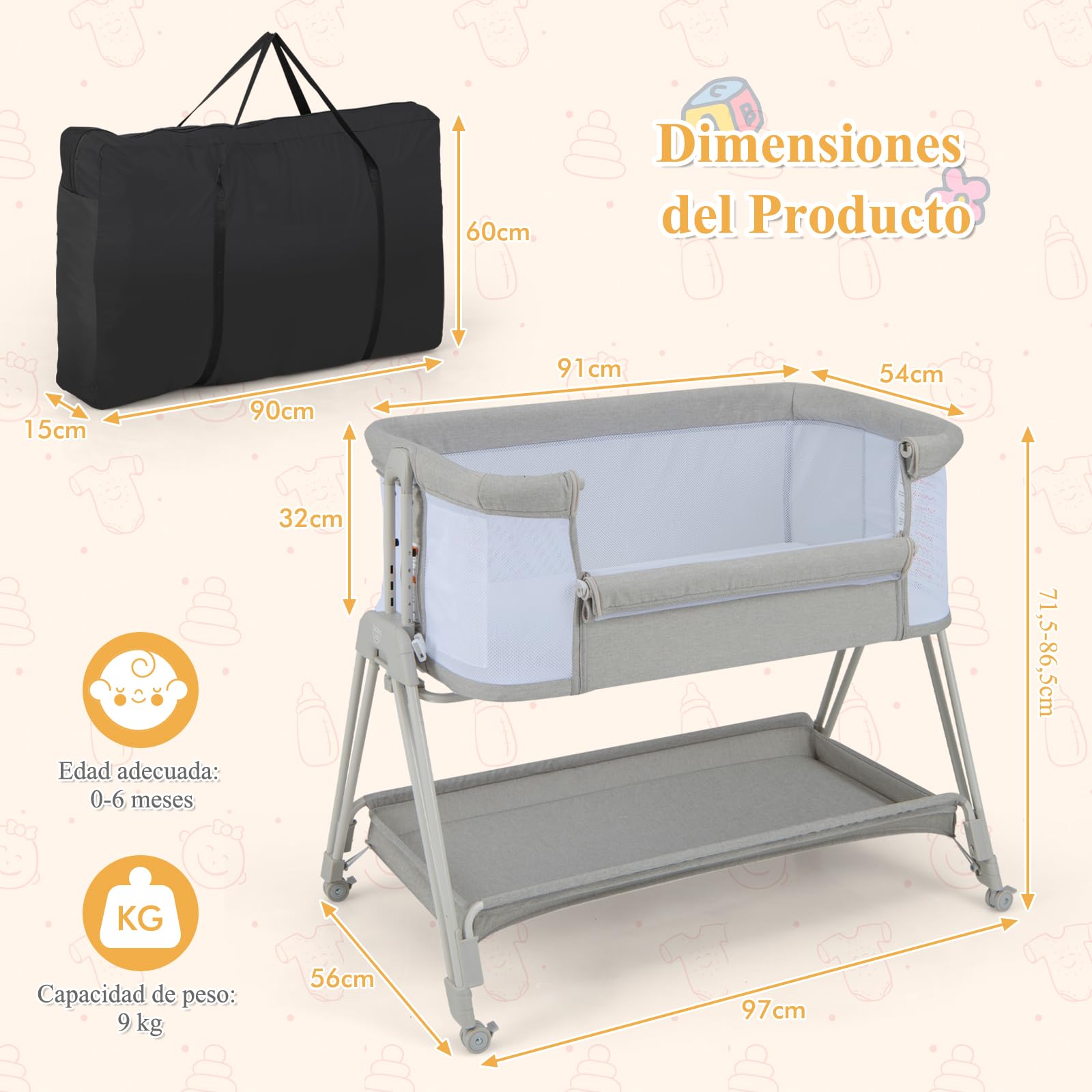 GOPLUS Cuna Cama de Bebé con Inclinación y 7 Alturas Ajustables, Cuna Plegable con Ventana de Malla y Estante de Almacenaje, Ruedas con Freno, 0-6 Meses (Gris Claro)