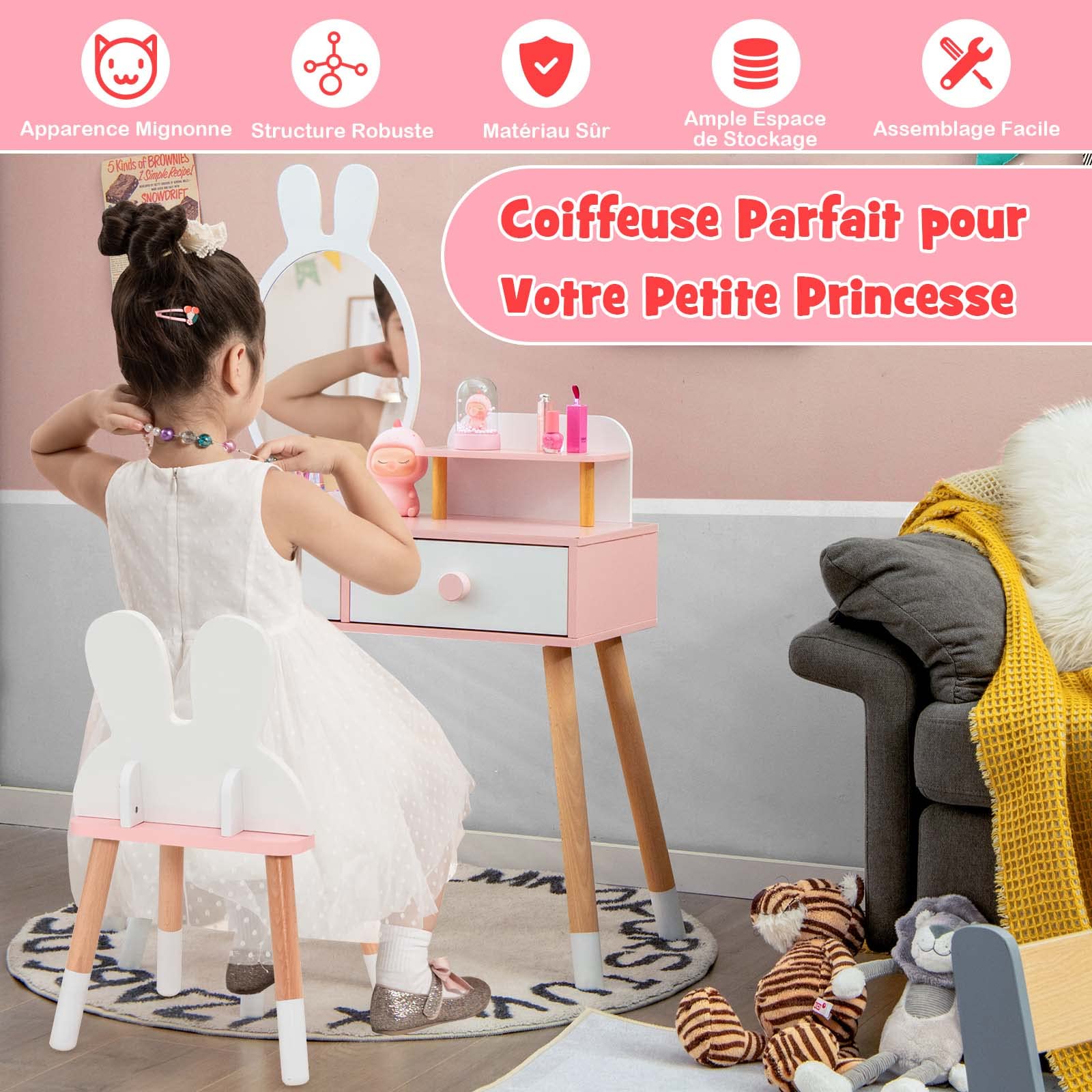 DREAMADE 2 en 1 Coiffeuse Enfant Fille avec Miroir Amovible&Tabouret Table de Maquillage Enfant 3+ Ans,Pieds en Bois,2 Tiroirs,Coiffeuse Princess Tout-Petits Charge 50 KG(Lapin Blanc)