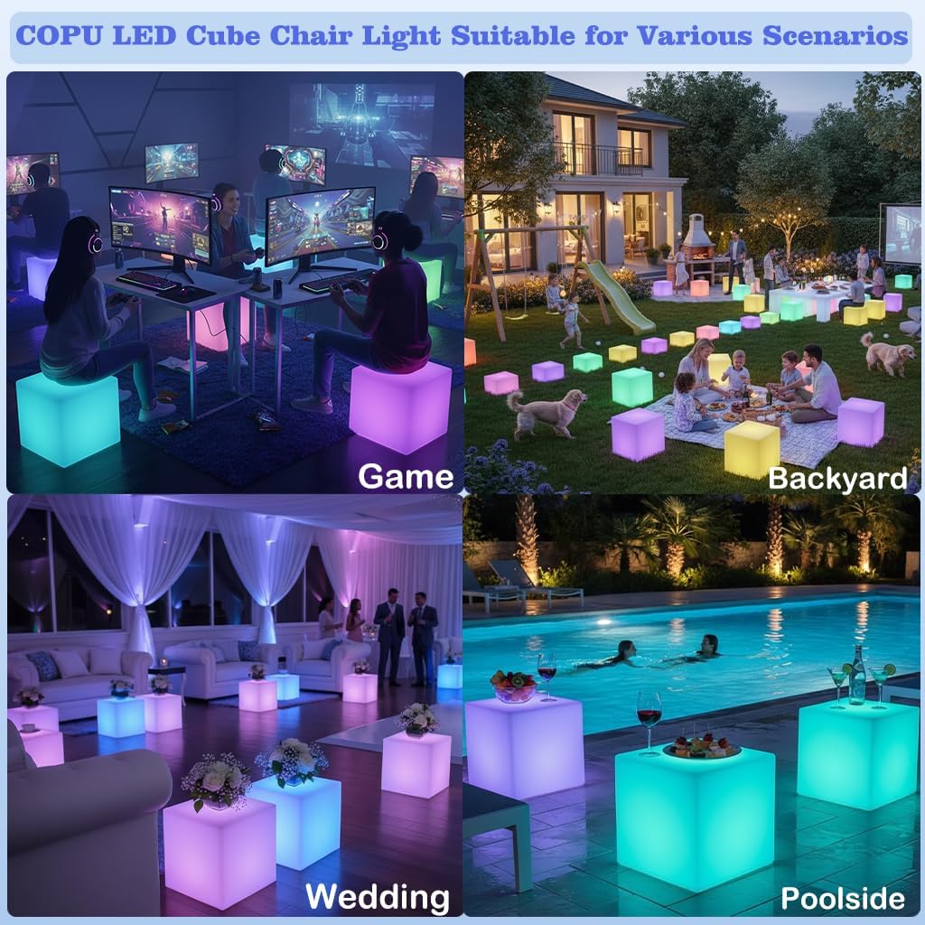 14 inch Versatile LED Cube Light Chair, Rechargeable Light Cubes Table w/Remote, RGB Color Changing Night Light Cube, IP65 Waterproof Lighted Cubes Stool Mood Lights for Kid Home Garden Patio Party