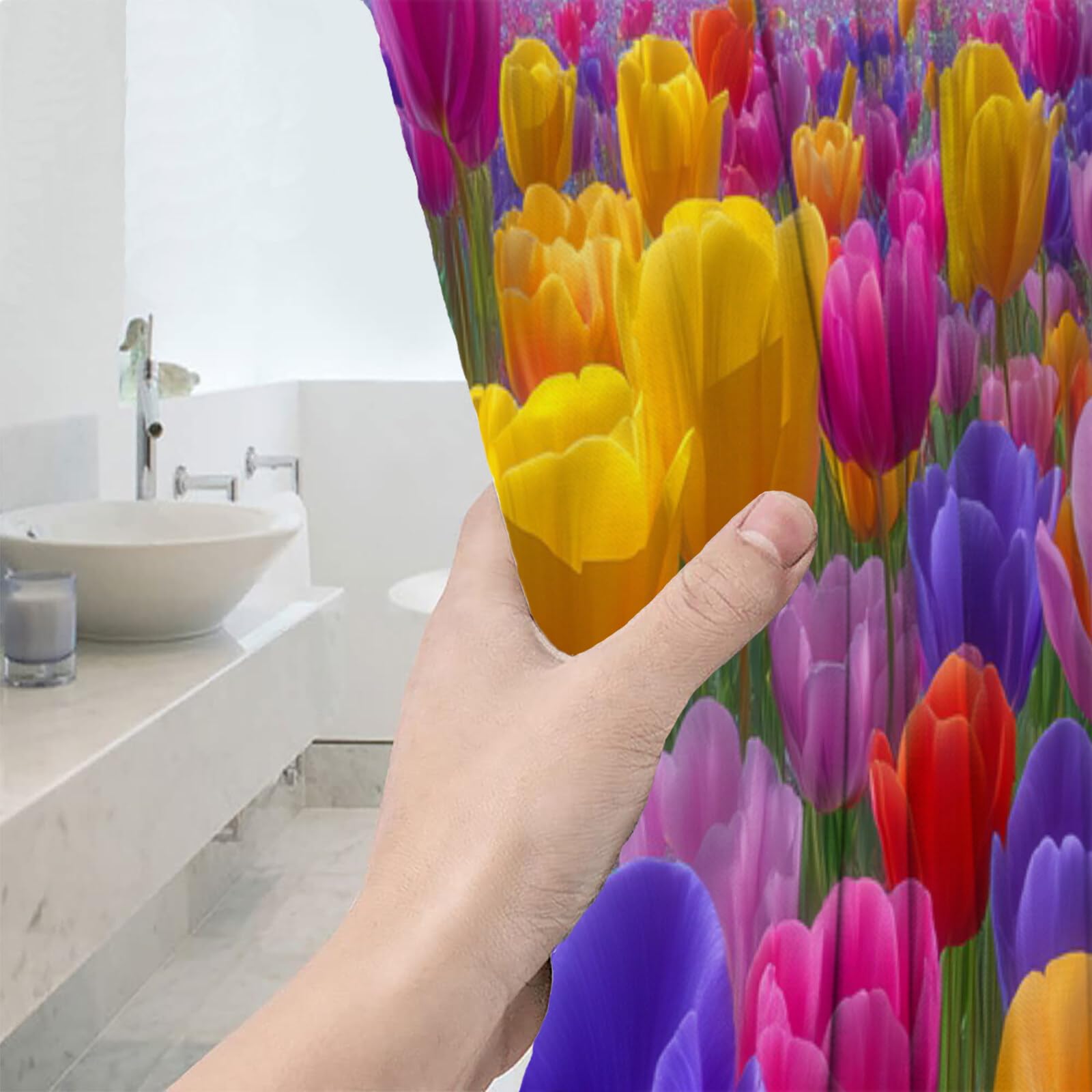 Rideau Douche,Rideau Baignoire Lavable en Machine Rideaux Douche Tissus Lavable Rideau De Baignoire Lavable pour Salle De Bain Domicile Baignoire Famille,Champs De Tulipes,200L X 240H Cm