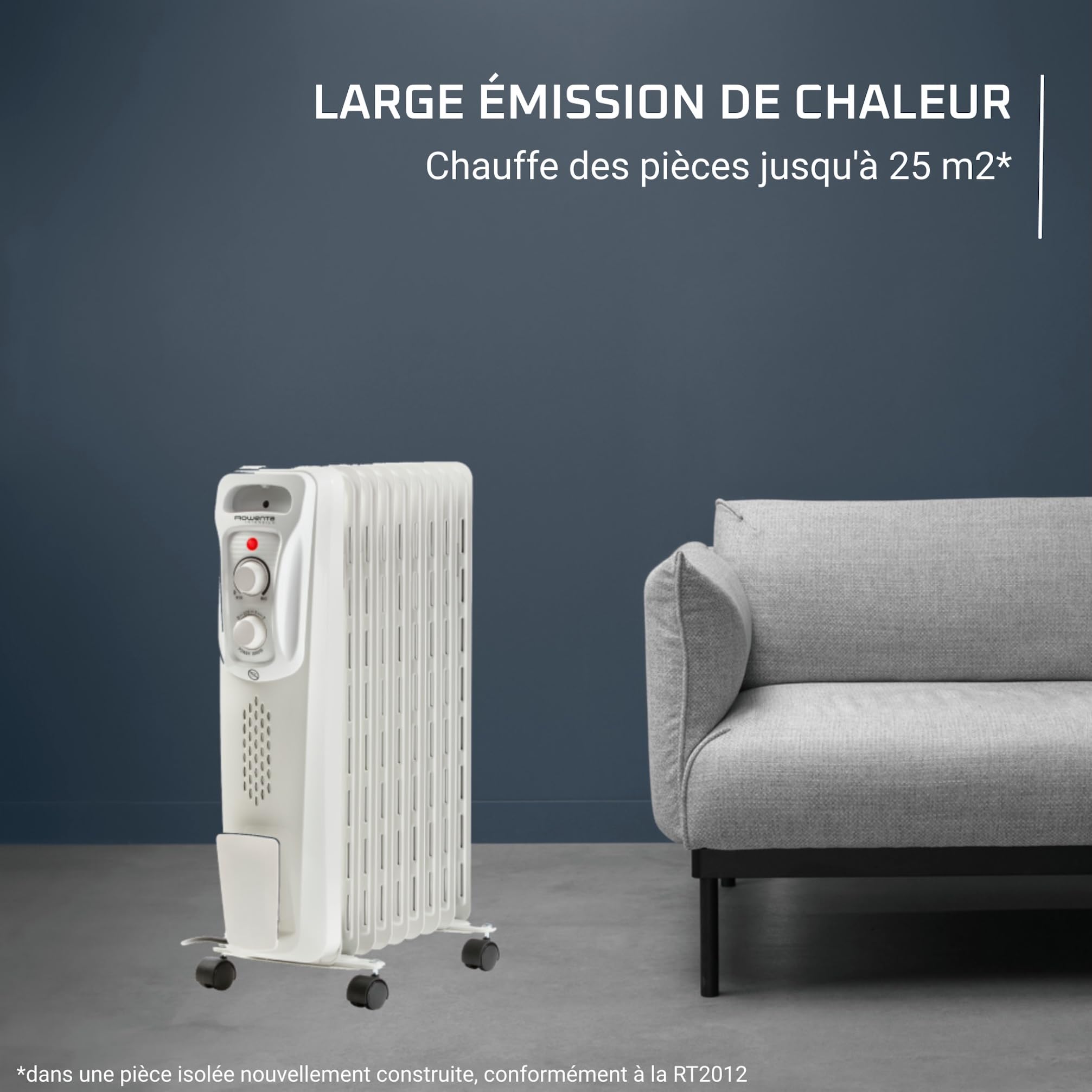 Rowenta Intensium Radiateur à bain d’huile 2000 W, Chauffage d’appoint 25 m², 3 niveaux dont Éco, Silencieux, Thermostat réglable, Sécurité anti-basculement & surchauffe, Poignée & roulettes, BU2620F0